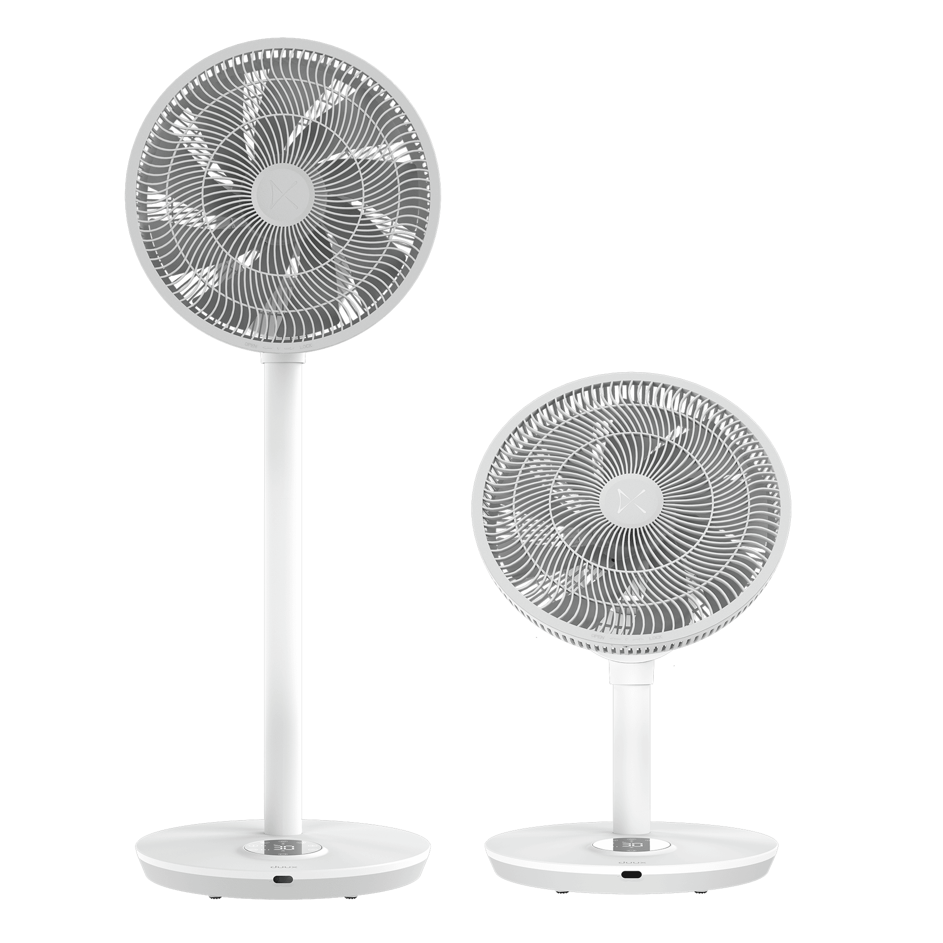 Zwei weiße Ventilatoren, einer hoch, einer niedrig, mit kreisförmigen Gittern und Sockeln.