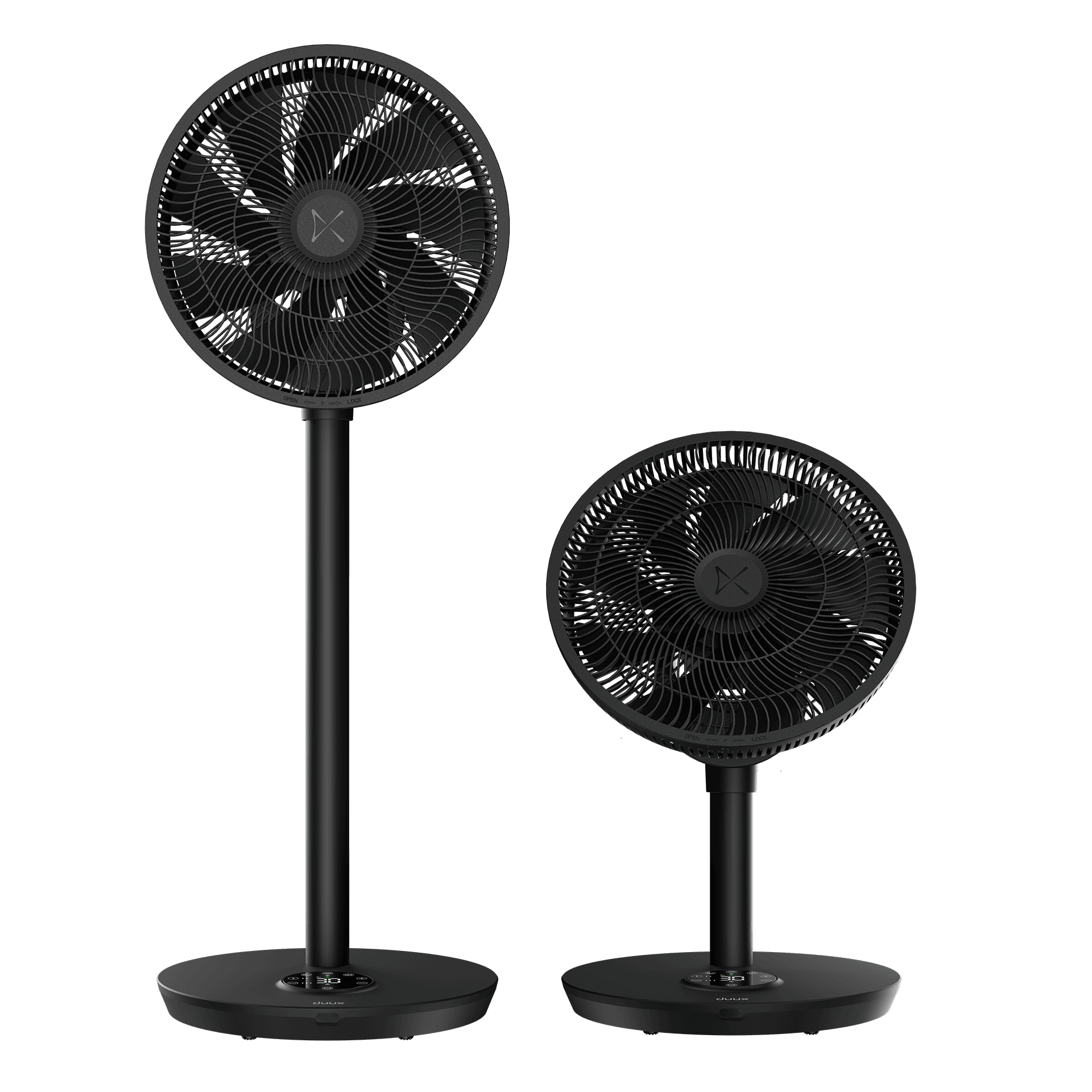 Zwei schwarze Ventilatoren. Einer ist ein Standventilator, der andere ein Tischventilator. Beide sind ausgeschaltet.
