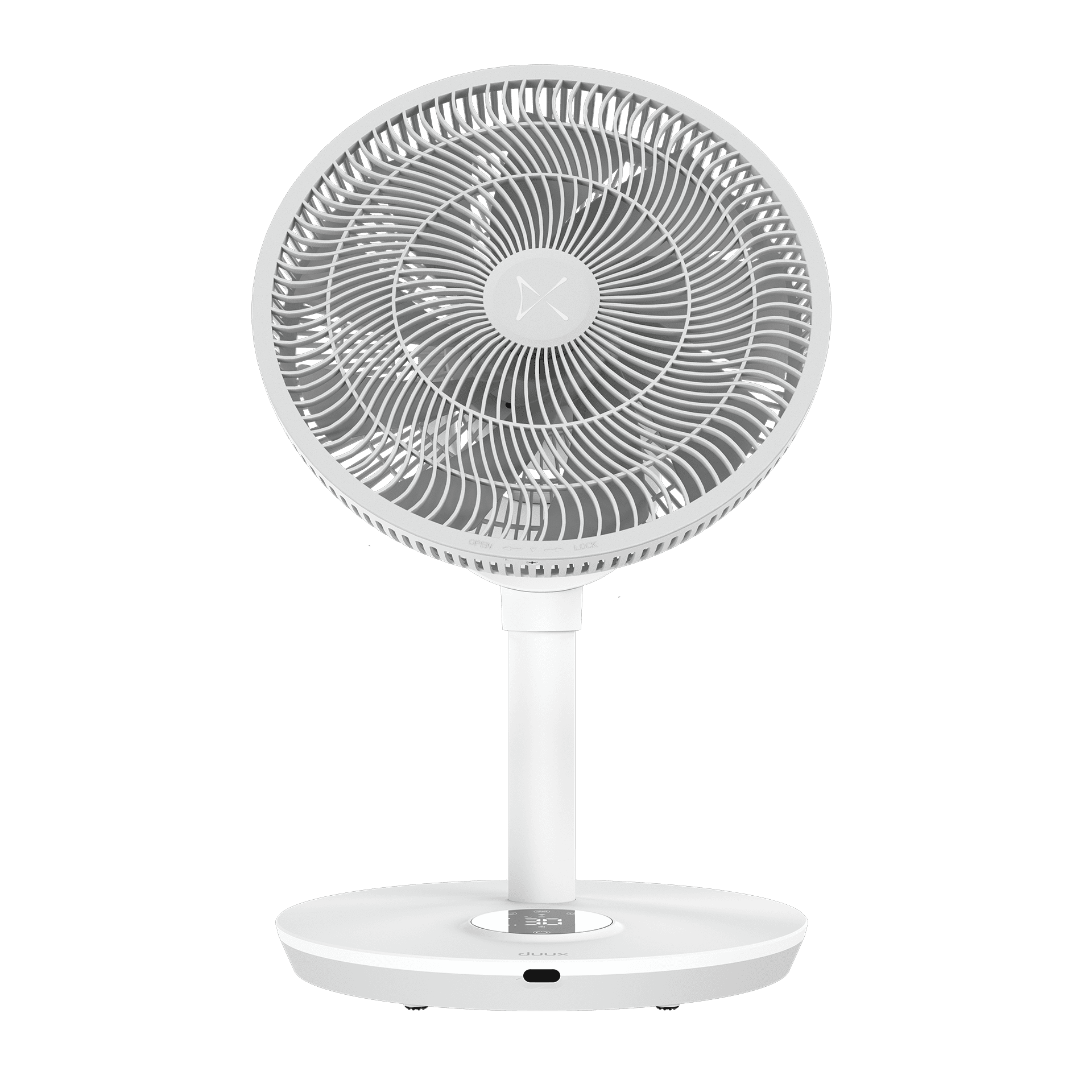 Ein weißer elektrischer Ventilator mit rundem Sockel und verstellbarer Höhe.