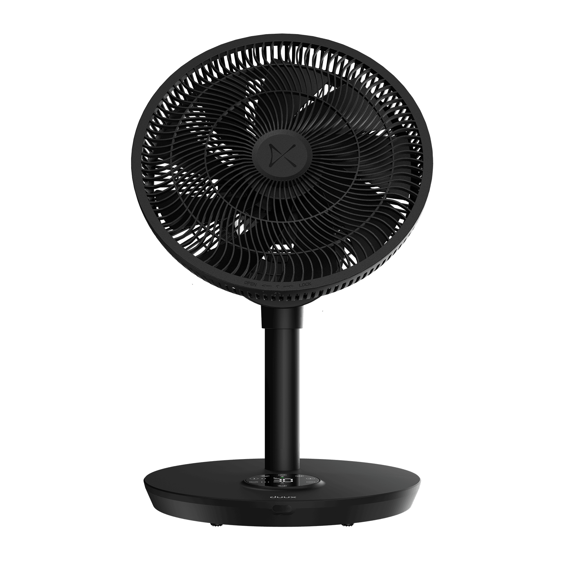 Schwarzer Standventilator mit rundem Sockel und Digitalanzeige. Die Lüfterblätter sind im Gehäuse sichtbar.