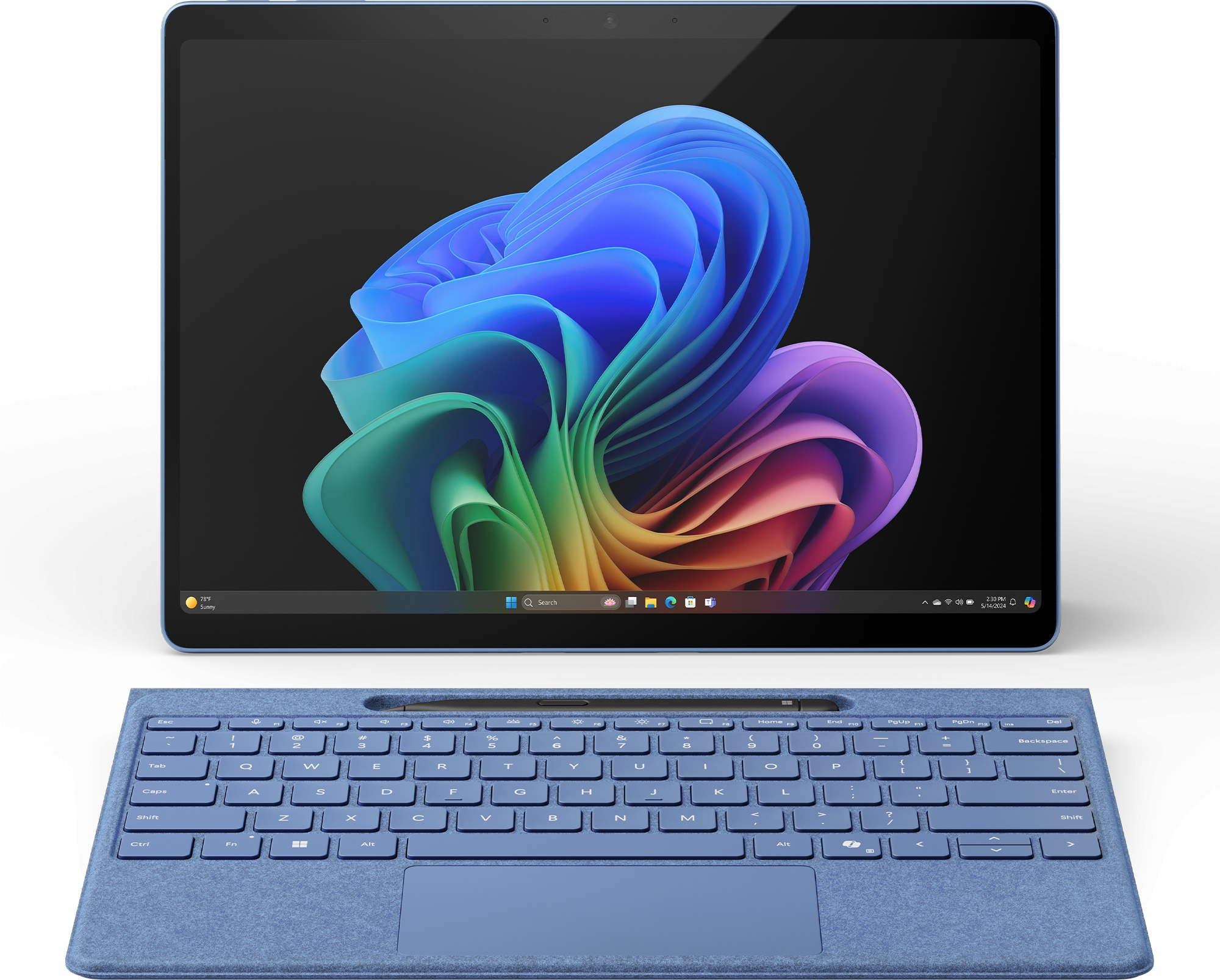 A blue tablet and keyboard on a white surface. The tablet displays a colorful image.