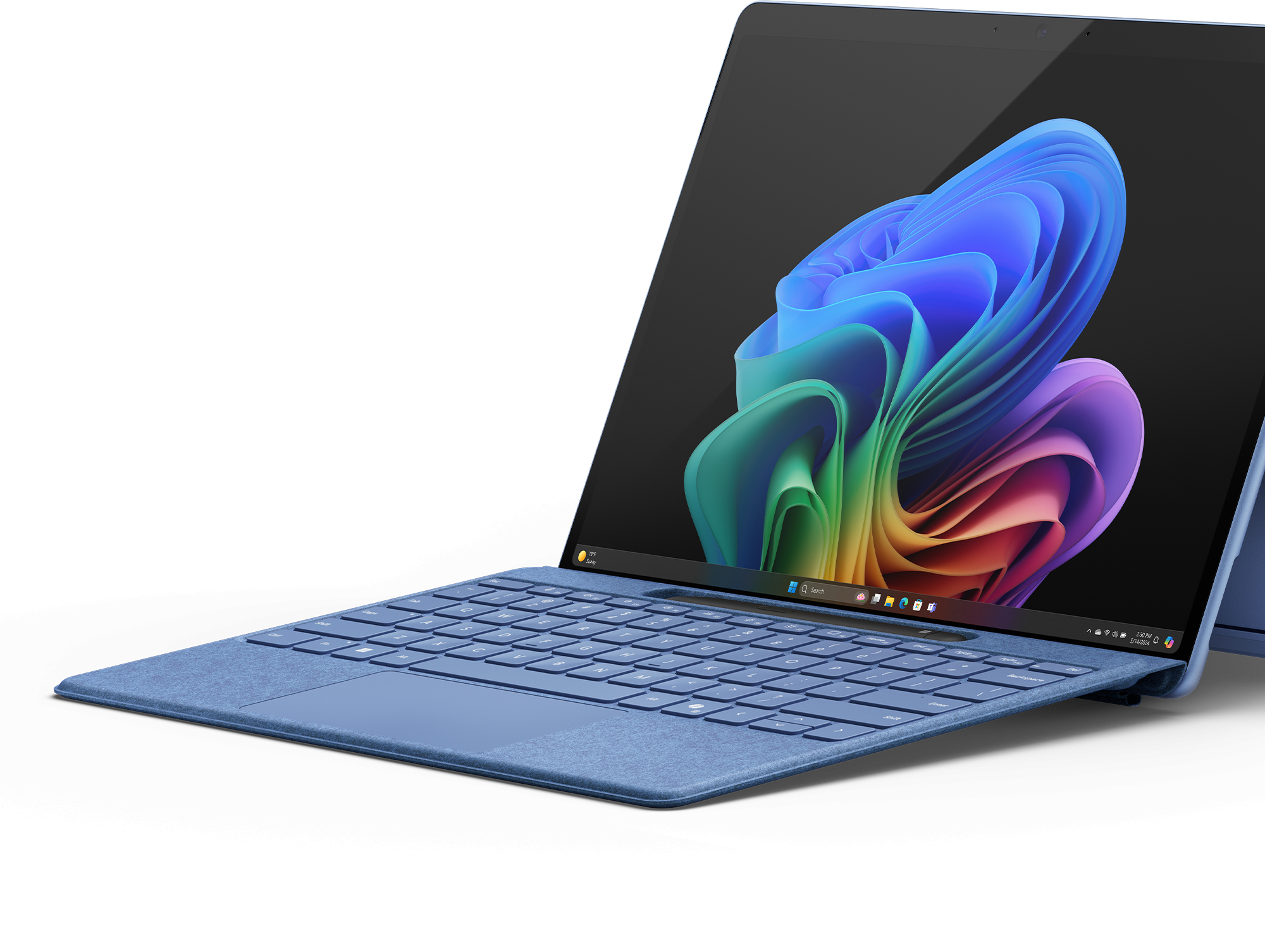 Blue laptop open on a white surface. The screen displays a colorful abstract design.
