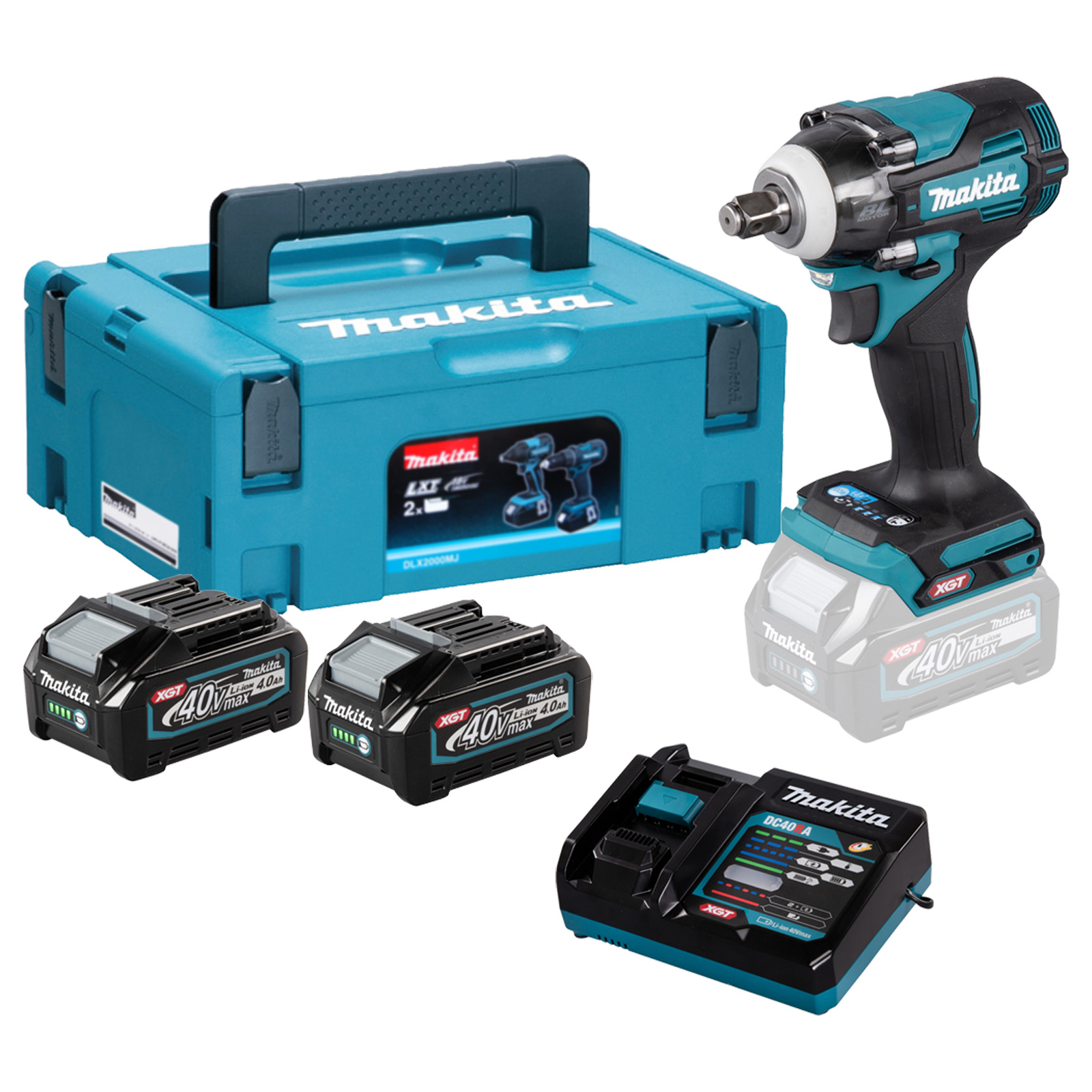 Un juego de herramientas, baterías, un cargador y una maleta de transporte azules de Makita.