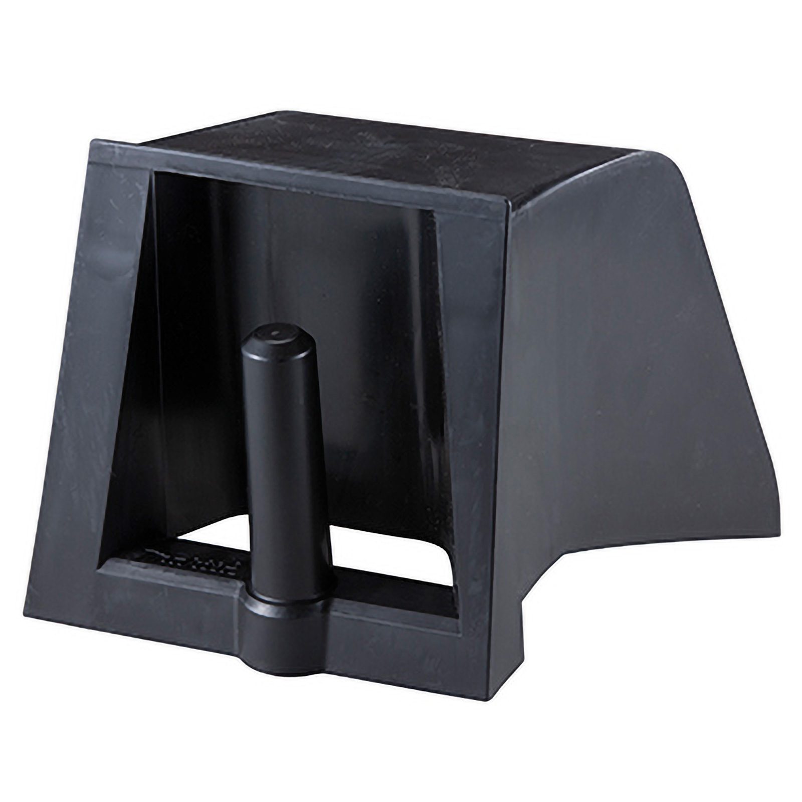 Zwart plastic object. Het heeft een rechthoekige basis, een open voorkant en een centrale cilindrische paal.