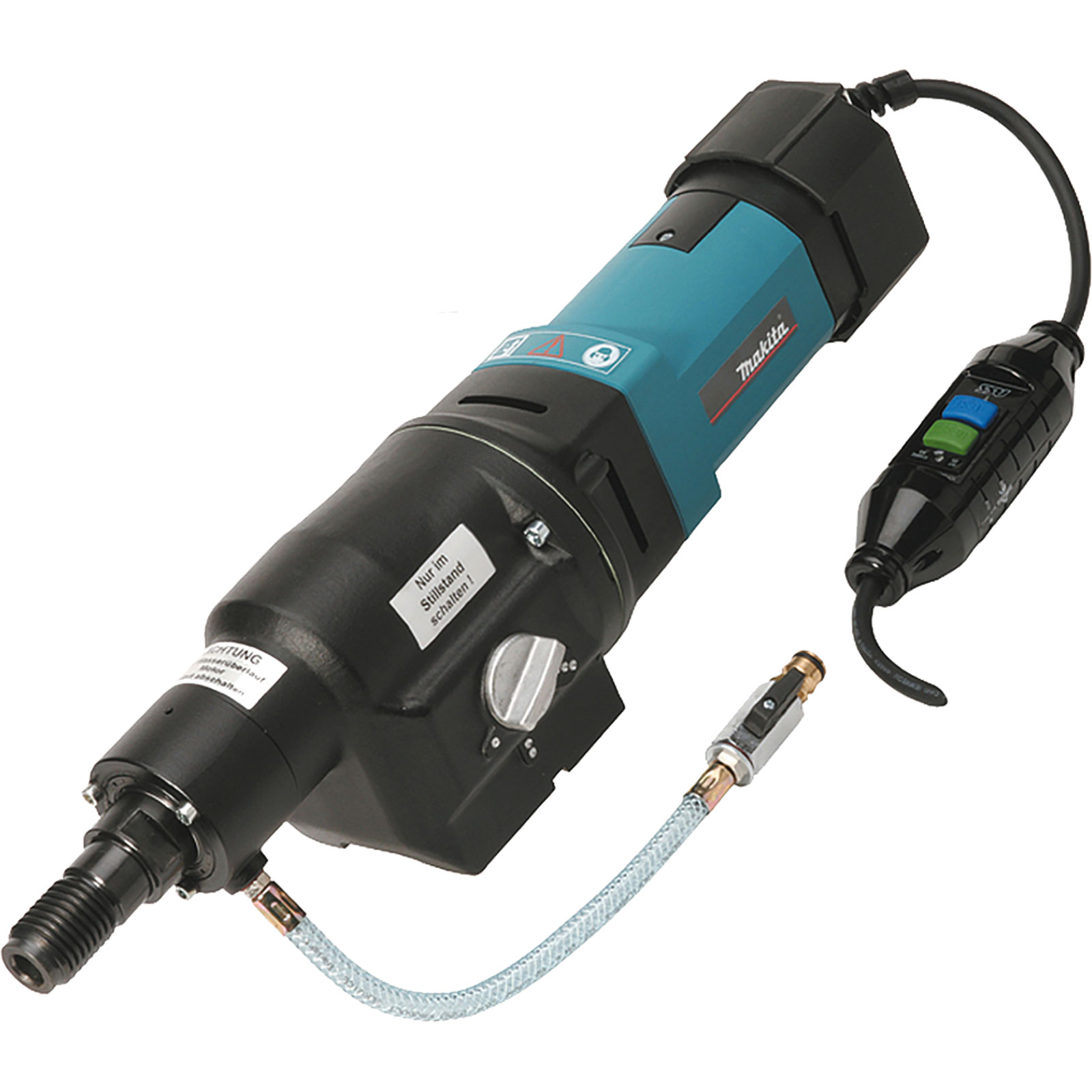 Ein pneumatisches Makita-Werkzeug, türkis und schwarz, mit Bedienfeld. Es hat einen Schlauch und ein Netzkabel.