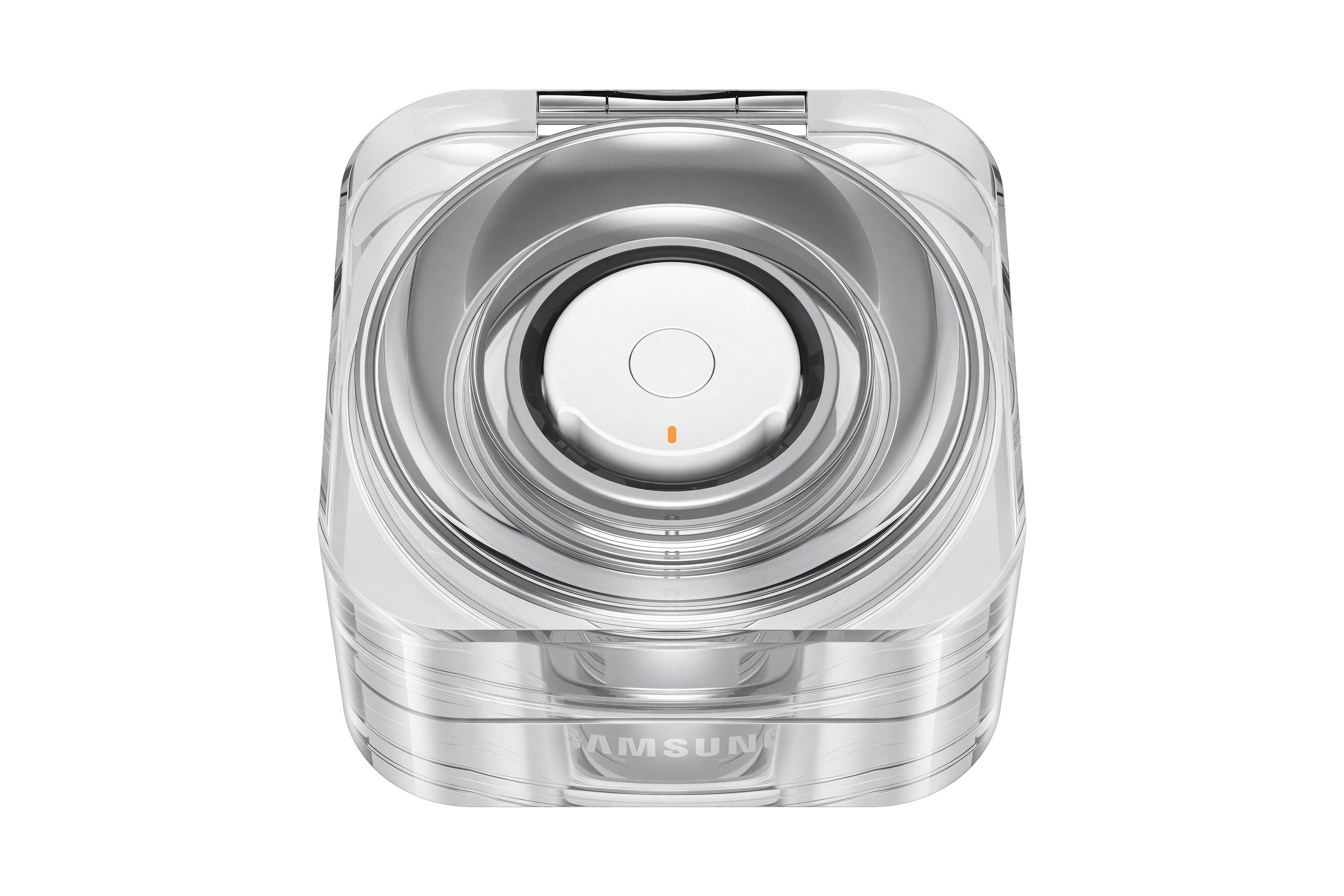 Ein durchsichtiges, zylindrisches Samsung Galaxy Buds Case, Draufsicht. Es ist transparent mit weißer Mitte.