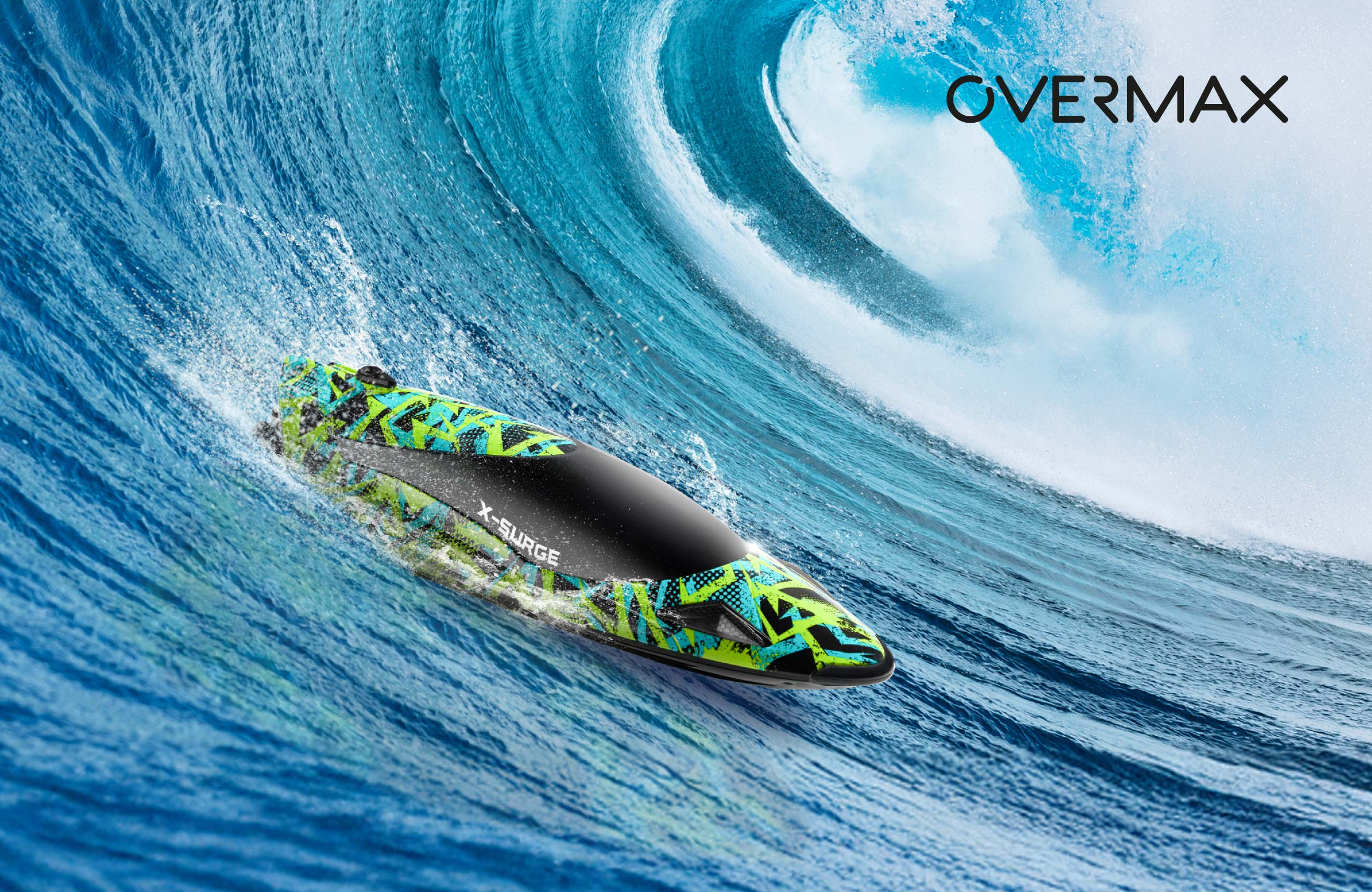 A black and green speed boat, OVERMAX X-SURGE, is speeding through a large ocean wave.