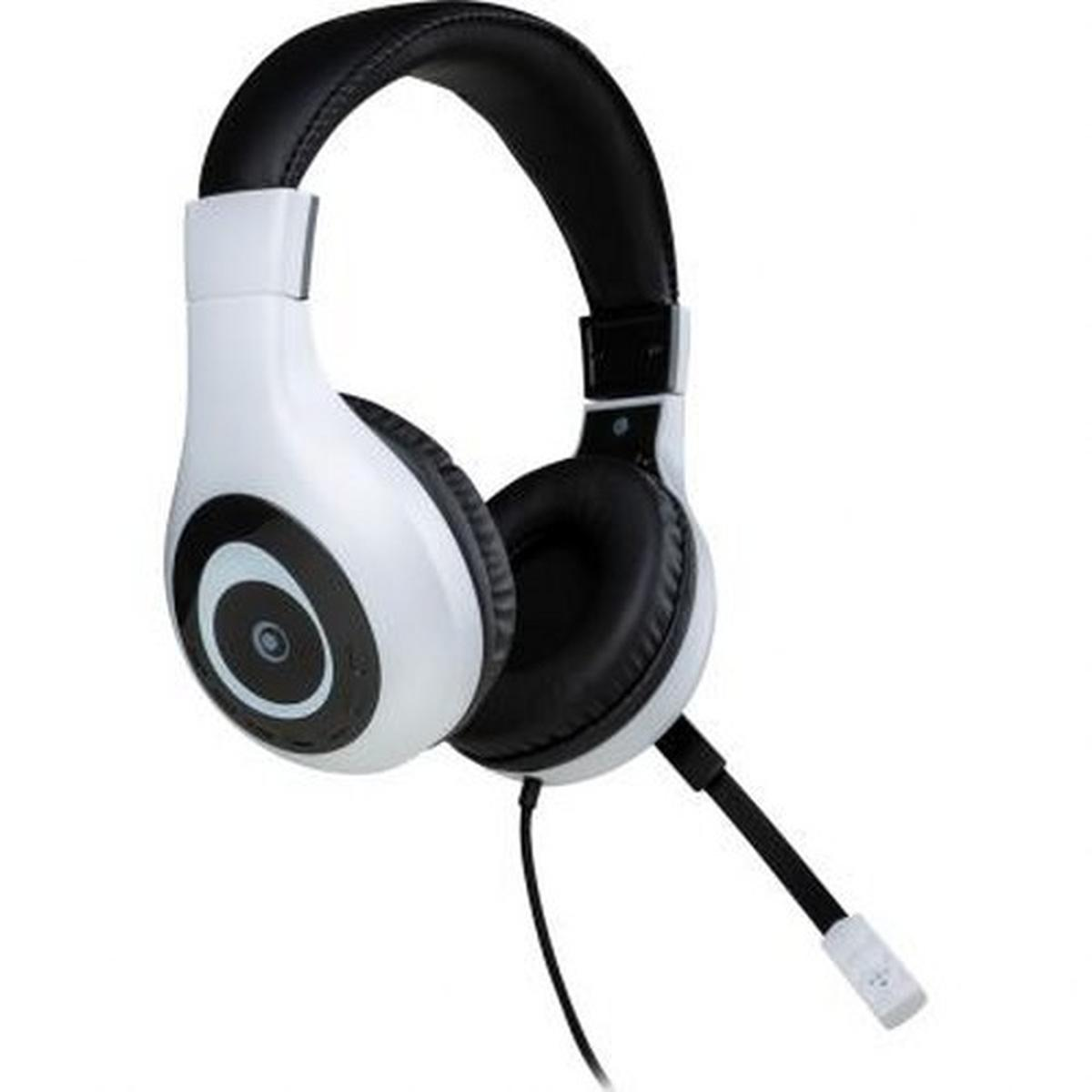 Casque blanc et noir avec microphone. Le casque est supra-auriculaire. Câble noir.