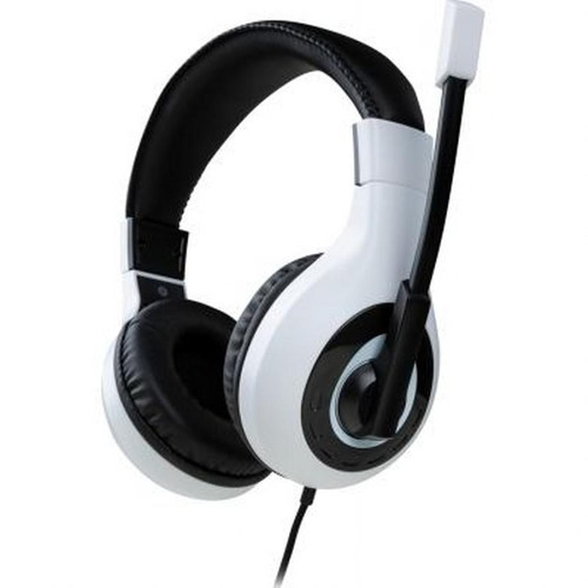Casque de jeu blanc et noir avec microphone et cordon noir.