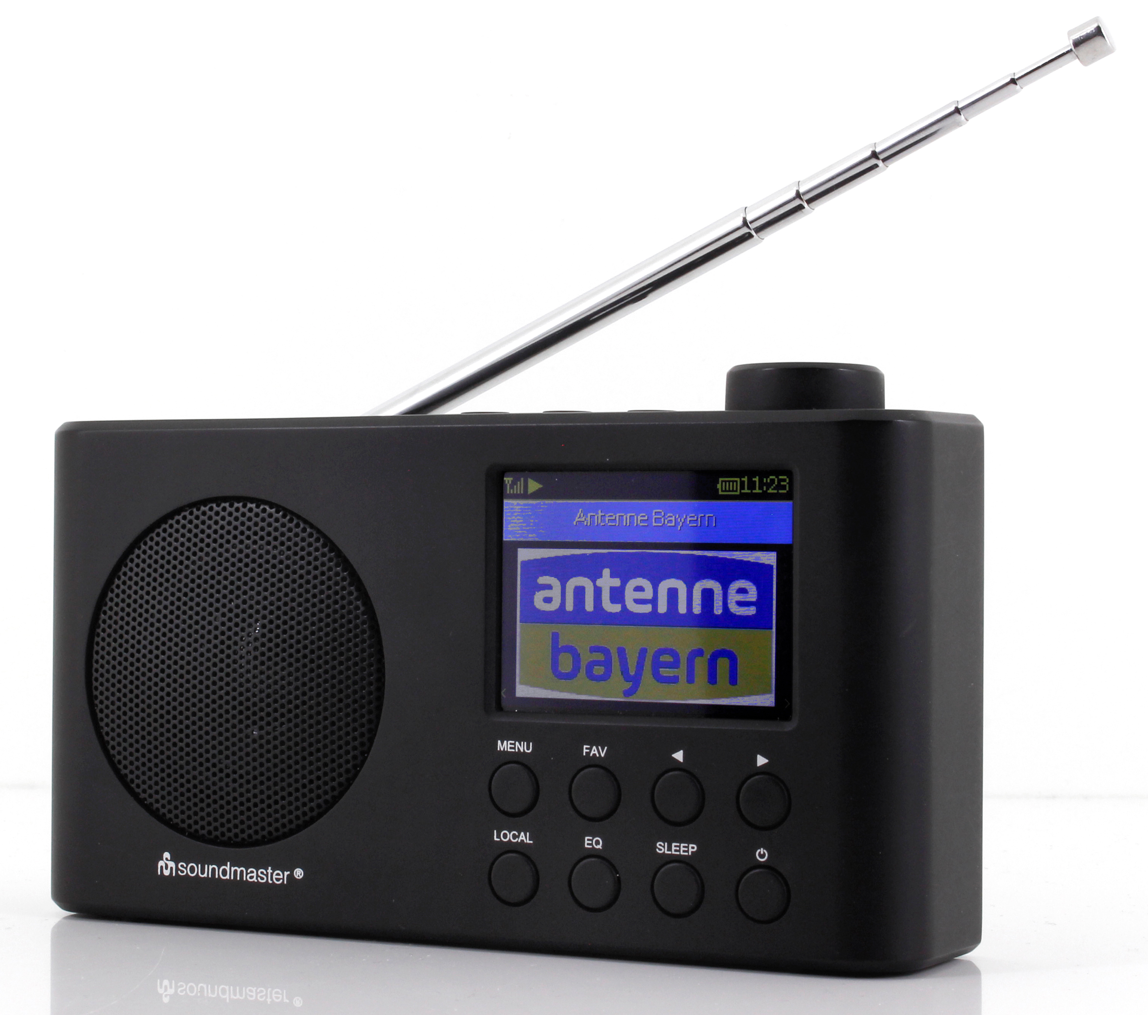 Ein schwarzes Radio mit einem Bildschirm, der ein blaues Bild anzeigt. Antenne ist oben.