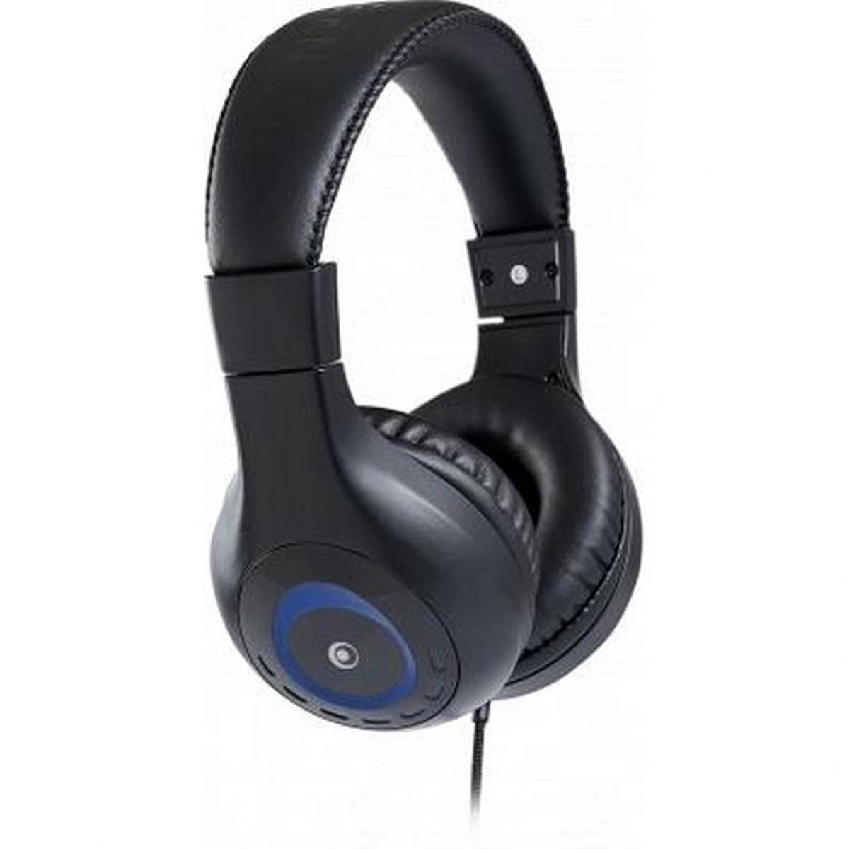 Casque noir avec un cercle bleu sur le côté, cordon connecté, isolé sur blanc.
