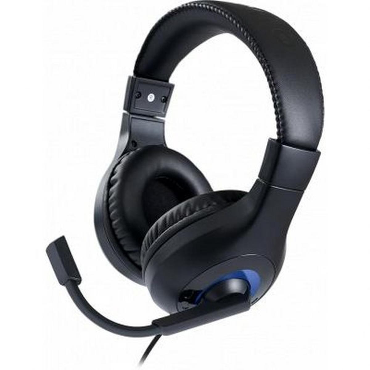 Casque noir avec microphone. Le casque est sur fond blanc.
