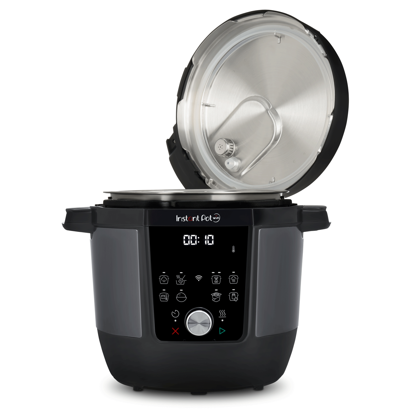 Instant Pot nero e grigio aperto, con display digitale. Il coperchio è aperto, rivelando l'interno.
