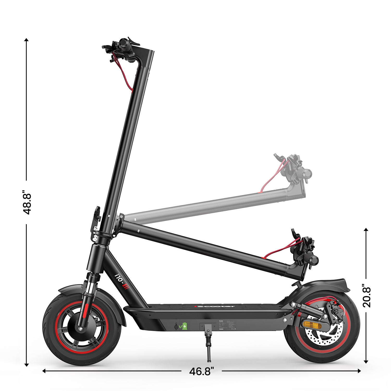 Scooter pieghevole nero con dettagli rossi. Le misure sono indicate, aperto e piegato.