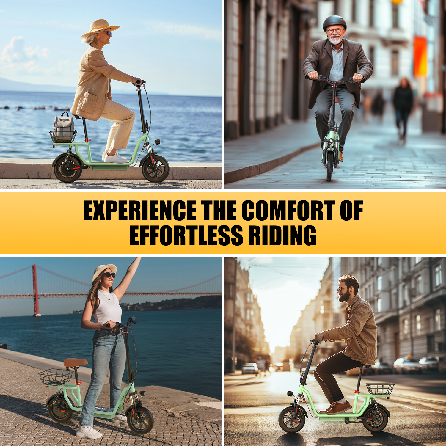 Un collage di persone che guidano scooter elettrici verdi, con testo: Vivi il comfort di una guida senza sforzo.