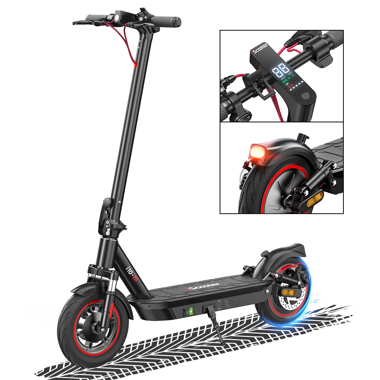 Scooter elettrico nero con dettagli rossi. Include primi piani del display e del fanale posteriore.