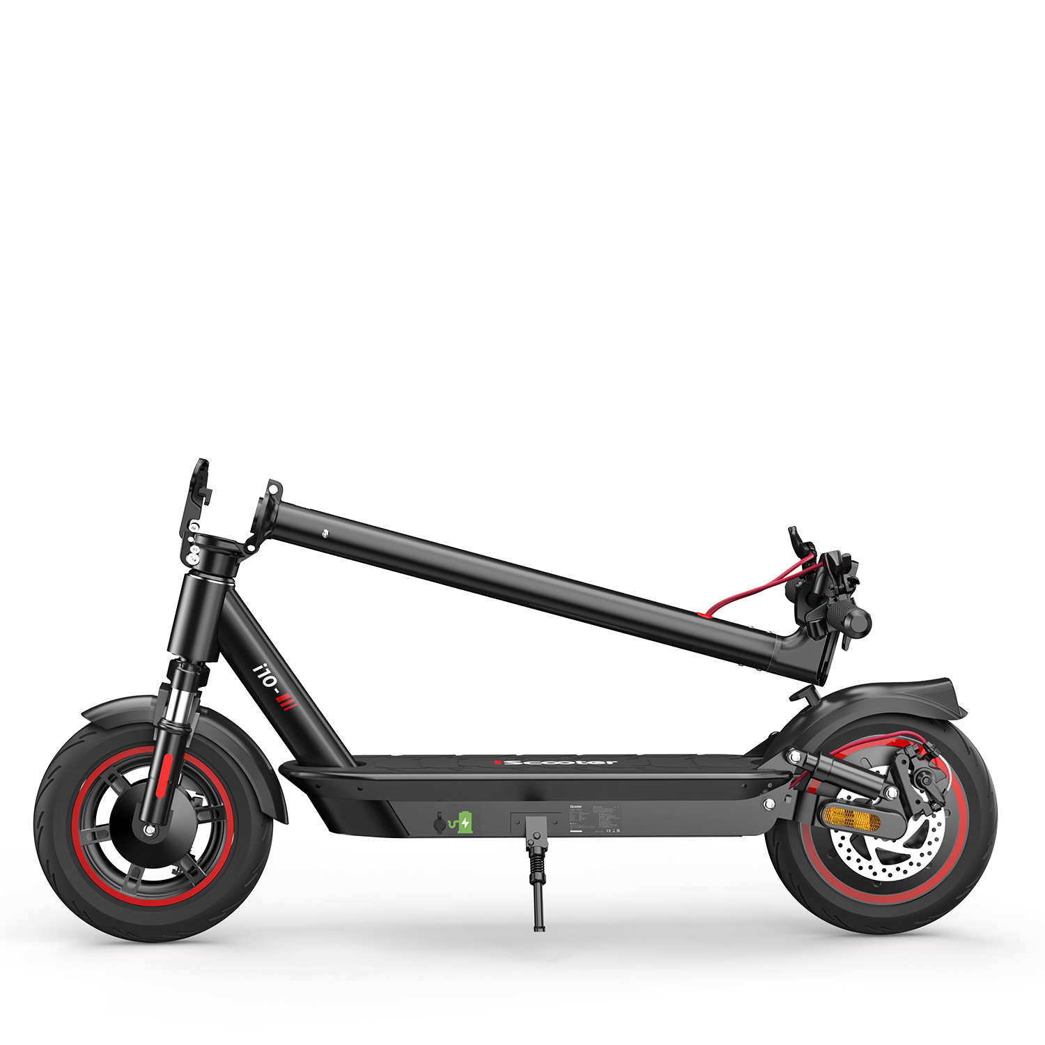 Uno scooter nero con dettagli rossi visto di lato, su sfondo bianco.