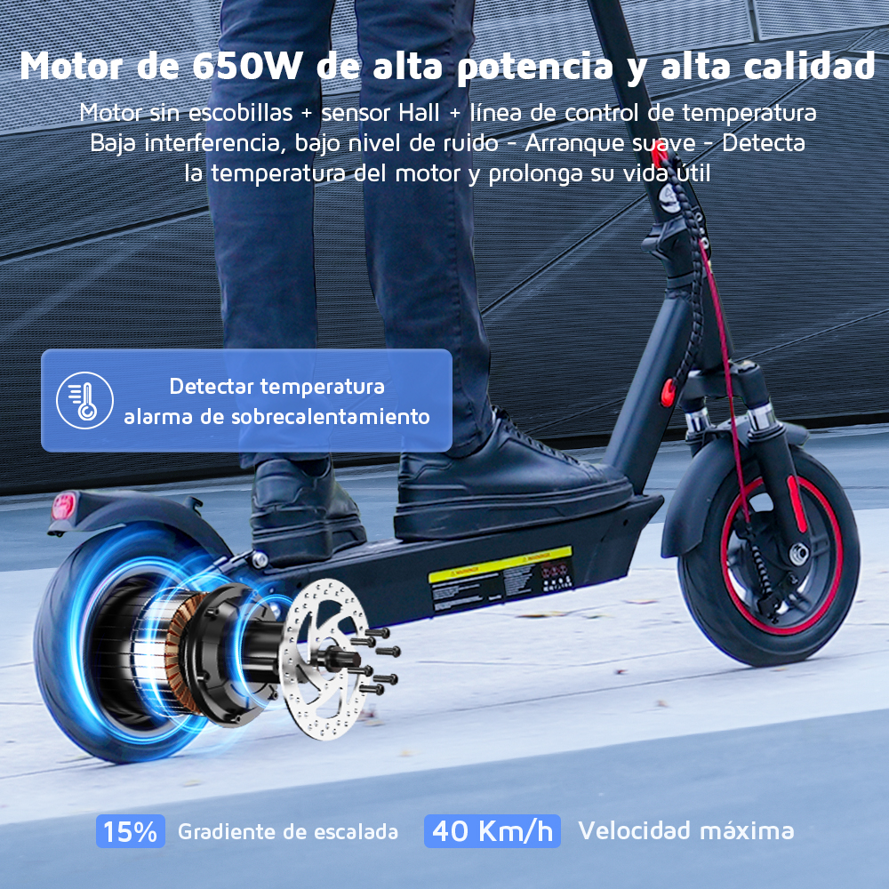 Un monopattino elettrico con dettagli sul motore, i freni e la velocità massima di 40 km/h.