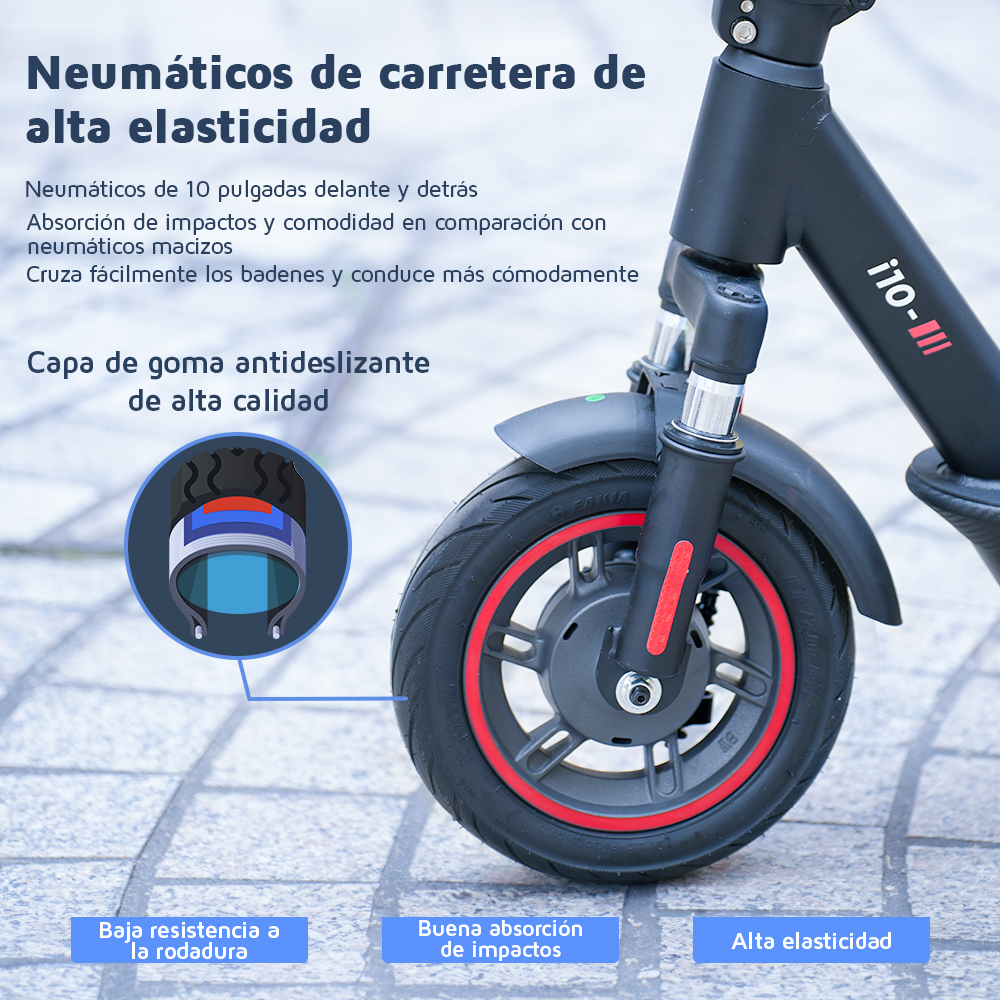 Primo piano di una ruota di scooter nera e rossa, con testo sugli pneumatici stradali e l'elasticità. Ha una striscia rossa.