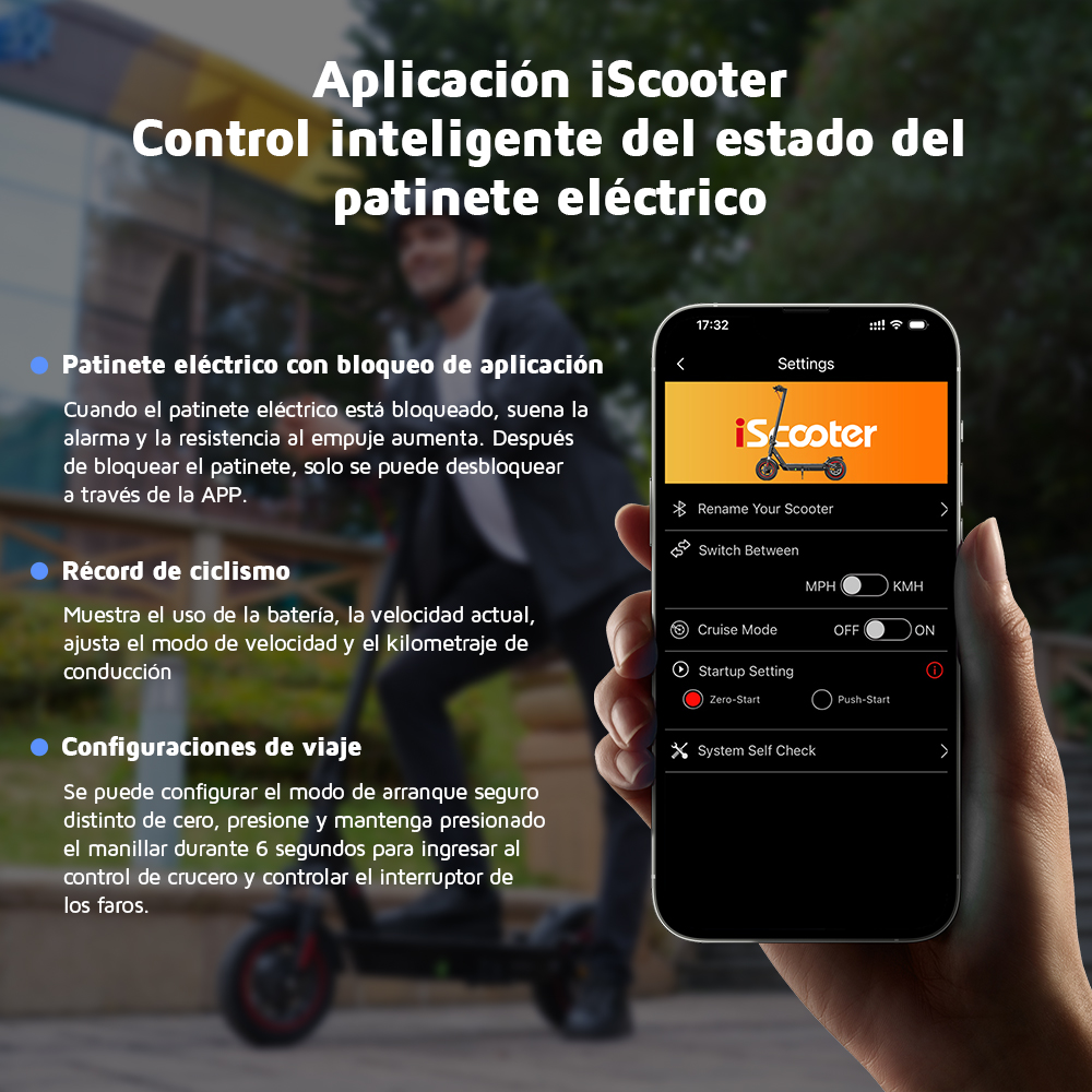 Una persona utilizza un'app sul proprio telefono per controllare un monopattino elettrico. L'interfaccia dell'app è mostrata.