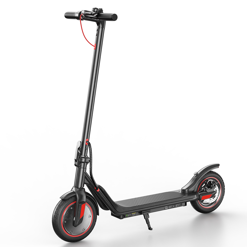 Scooter elettrico nero con dettagli rossi e un cavalletto.