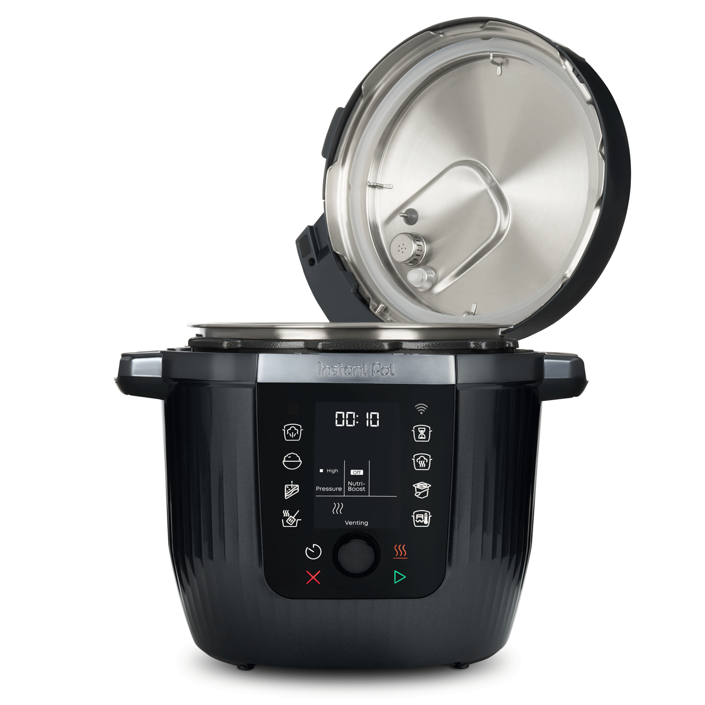 Otwarty czarny Instant Pot, pokazujący wnętrze z cyfrowym wyświetlaczem.