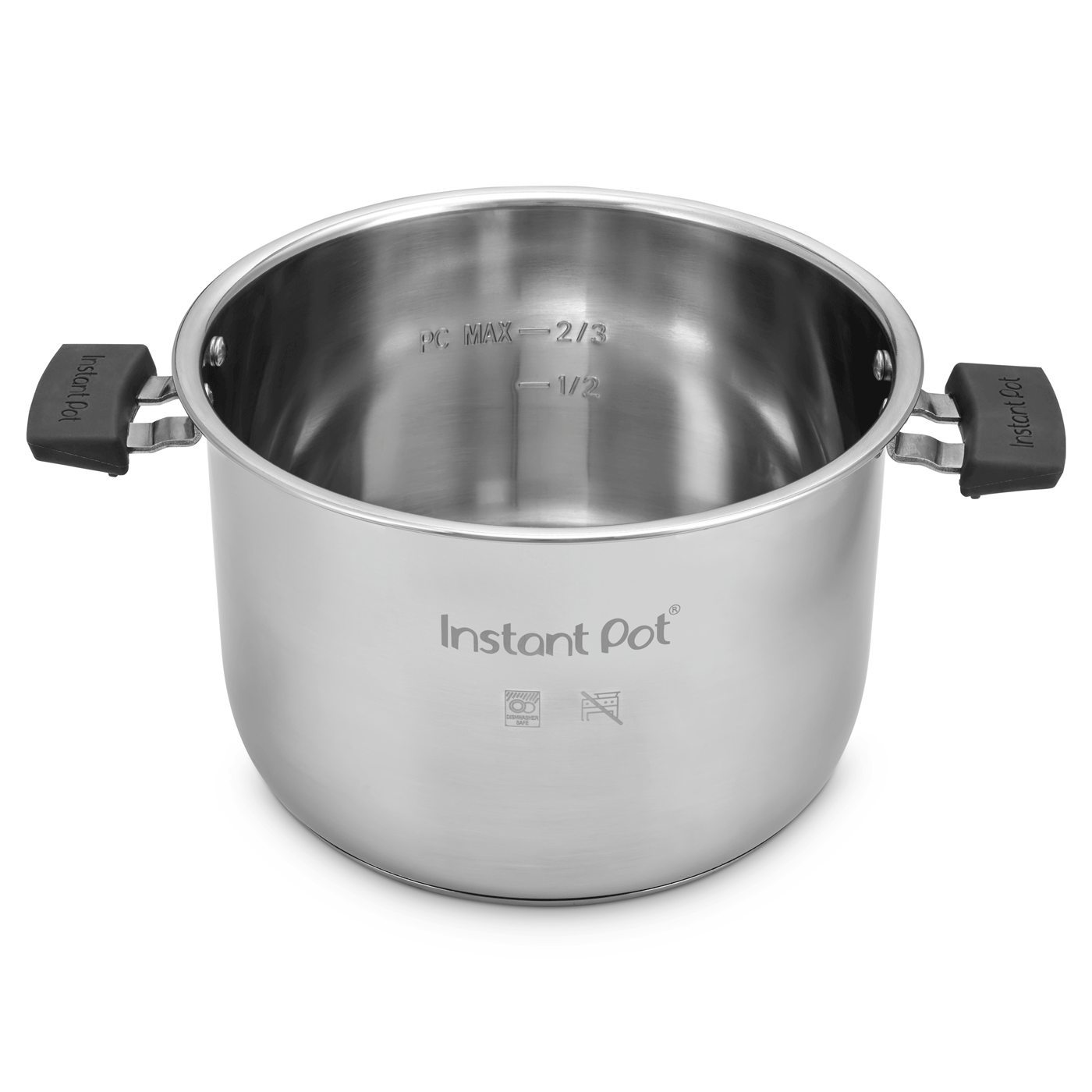 Garnek Instant Pot ze stali nierdzewnej z czarnymi uchwytami i oznaczeniami poziomu napełnienia.