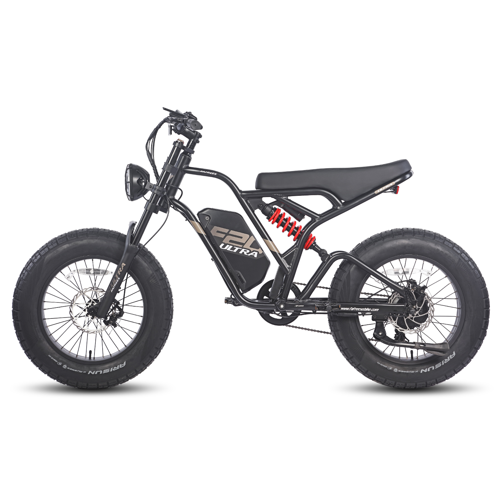 Una bicicleta eléctrica negra con neumáticos anchos, cuadro negro y amortiguadores rojos, sobre fondo blanco.