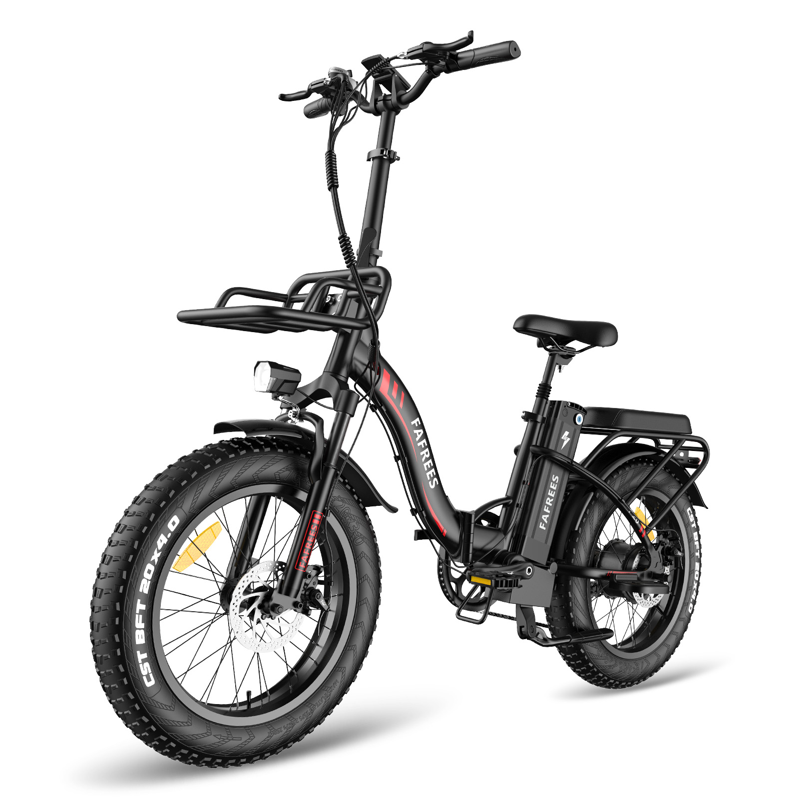 Ein schwarzes Elektrofahrrad mit Korb. Es hat dicke Reifen und einen Akku.