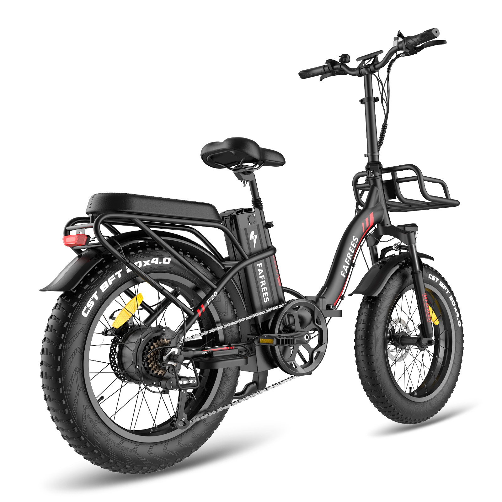 Ein schwarzes Elektrofahrrad mit breiten Reifen, einem Korb und einem Akku. Der Markenname ist sichtbar.