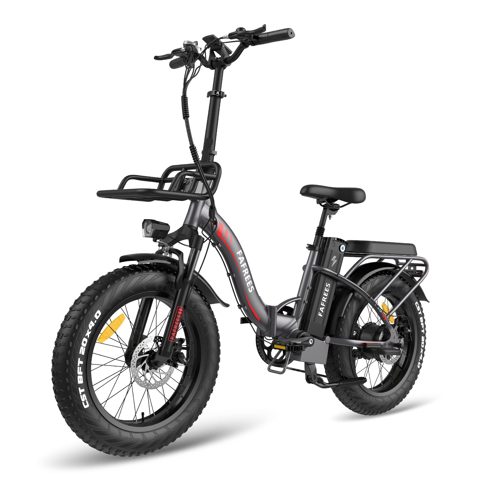 Schwarzes Elektrofahrrad auf weißem Hintergrund, mit Korb.