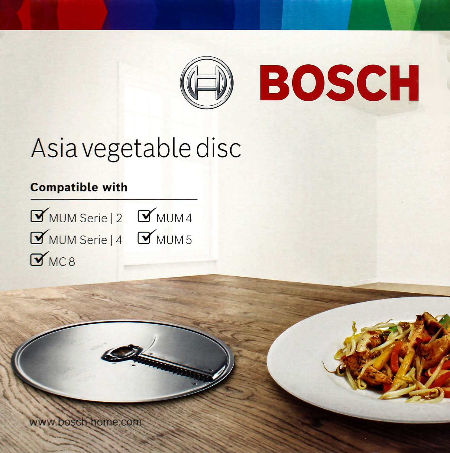 Tarcza do warzyw Bosch Asia z tekstem i obrazami, kompatybilna z serią MUM 2, 4 i 5.