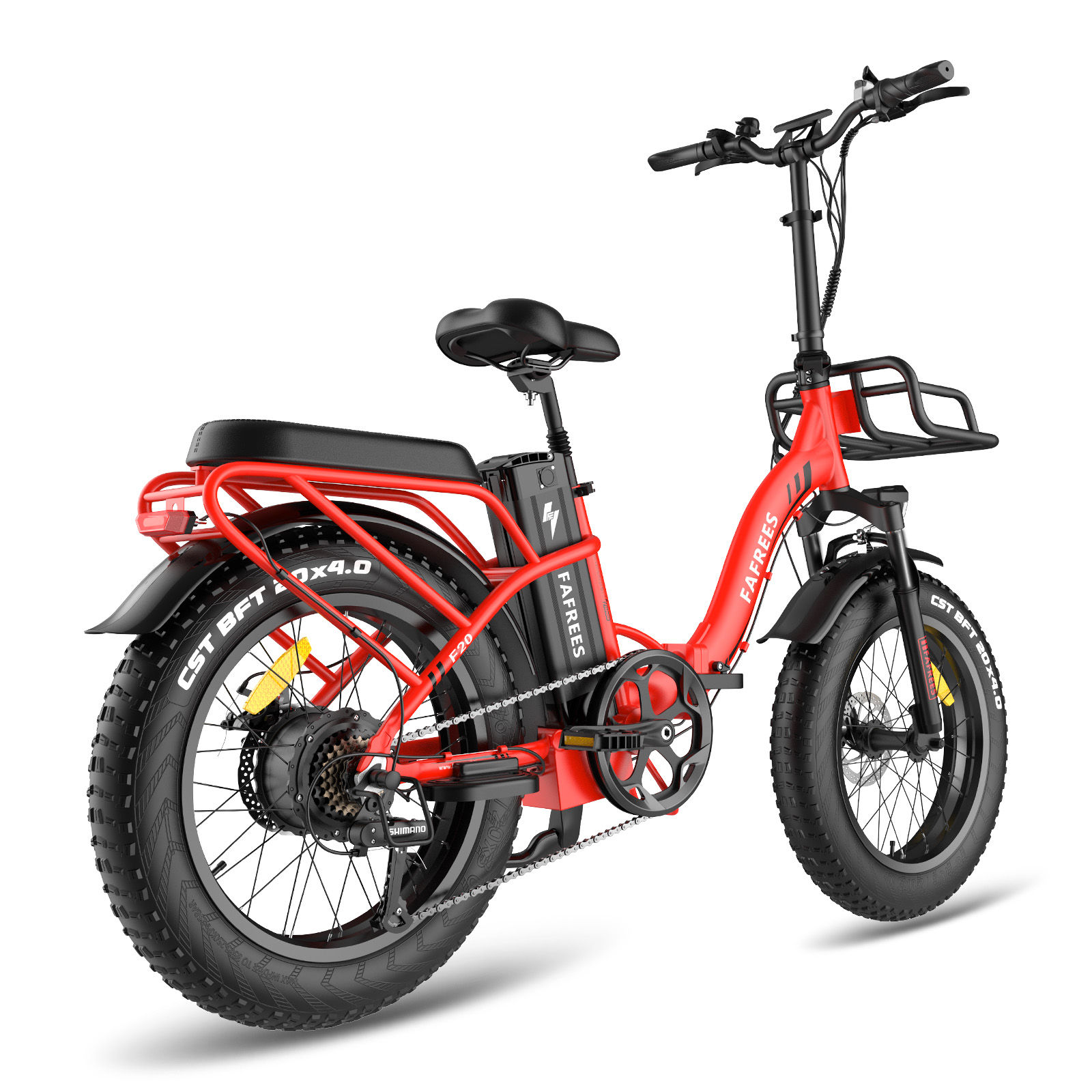 Rotes Elektrofahrrad mit schwarzen Reifen, Heckkorb und schwarzem Sitz.