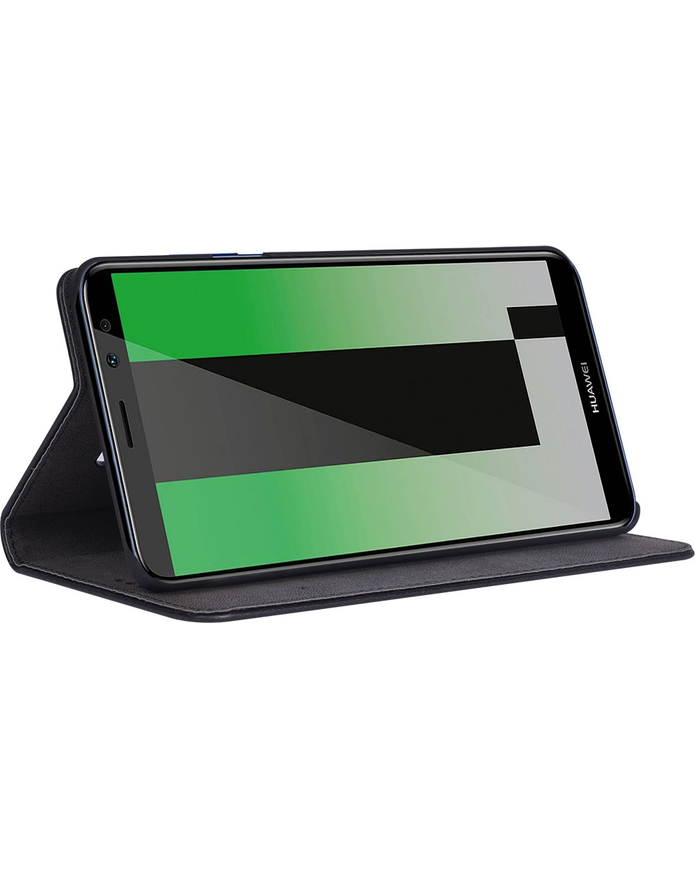 Smartphone nero all'interno di una custodia. Lo schermo mostra un design astratto verde e nero. La custodia è aperta.