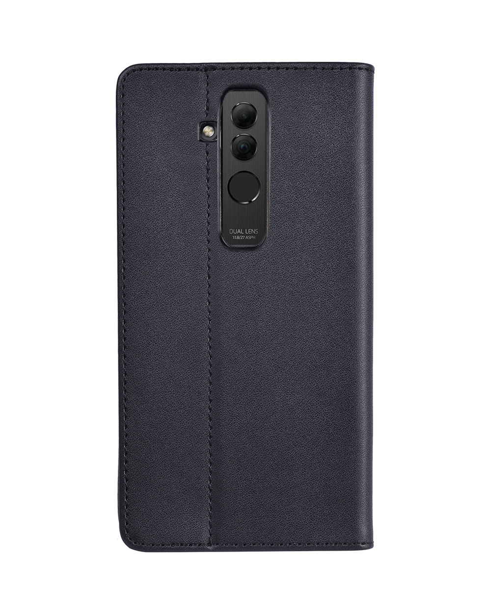 Custodia nera per telefono con doppia fotocamera. Chiusa, protegge il telefono.
