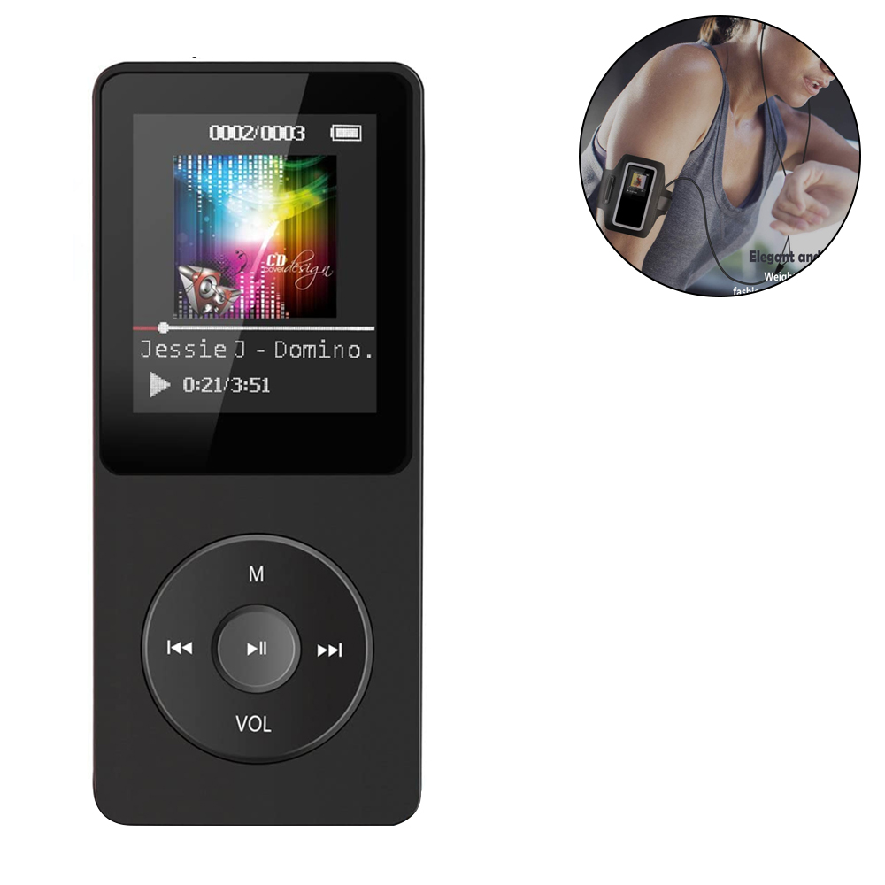 Schwarzer MP3-Player mit Bildschirm, der einen Song und Knöpfe zeigt, und ein Kopfhörer im Einsatz.