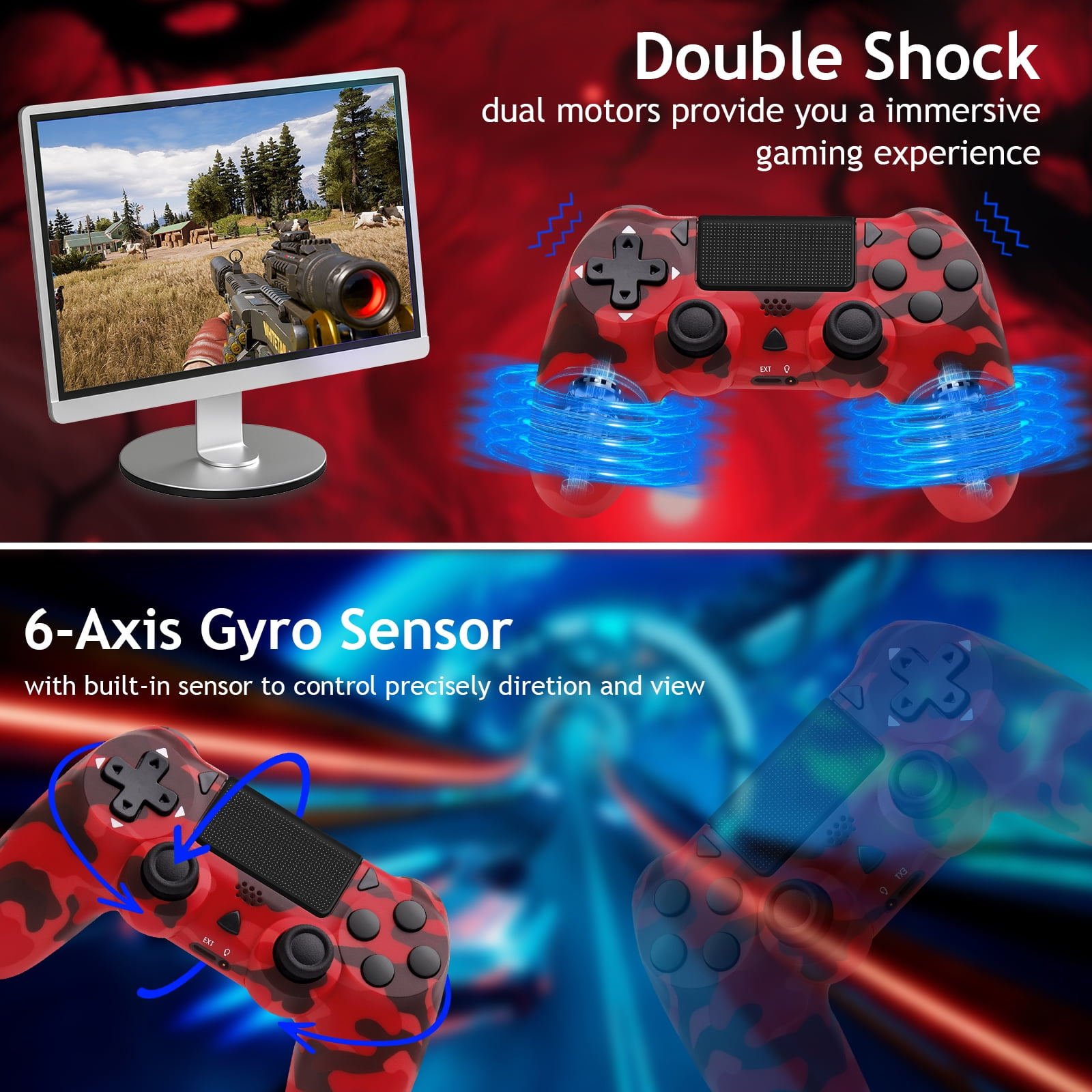 Gaming-Controller. Zwei Controller gezeigt. Rotes und schwarzes Camo-Design mit blauen Highlights. Bildschirm im Hintergrund.