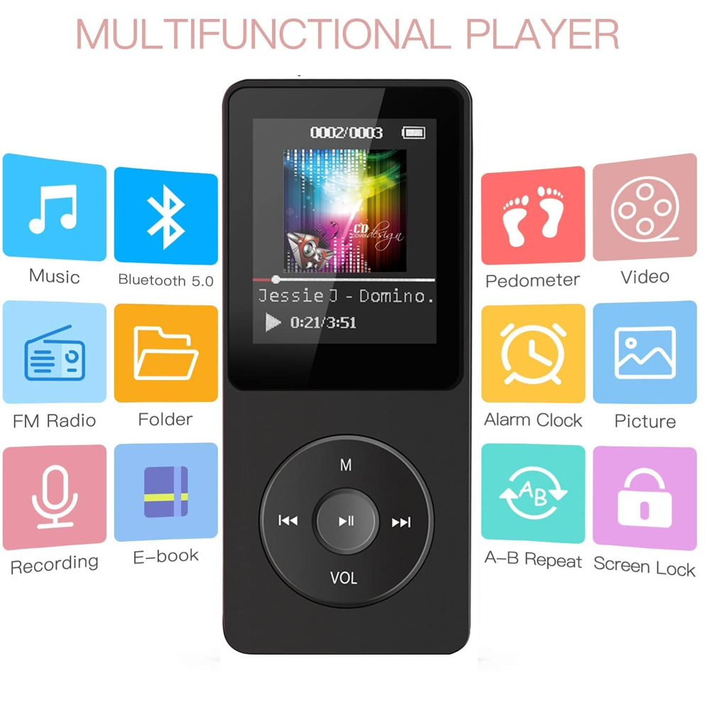Schwarzer MP3-Player mit Knöpfen, Bildschirm und Symbolen.