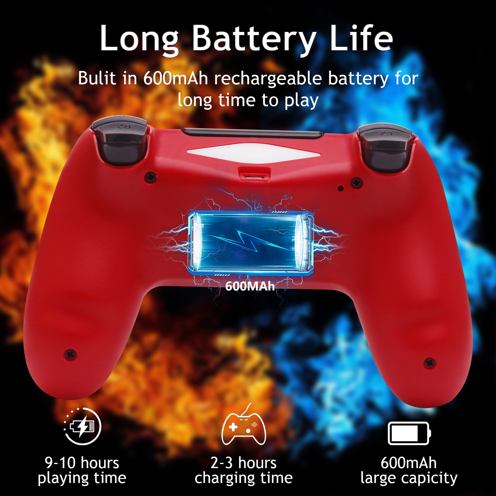 Roter Gamecontroller mit Symbolen, die Akkulaufzeit und Ladezeit vor blauem und orangefarbenem Hintergrund anzeigen.