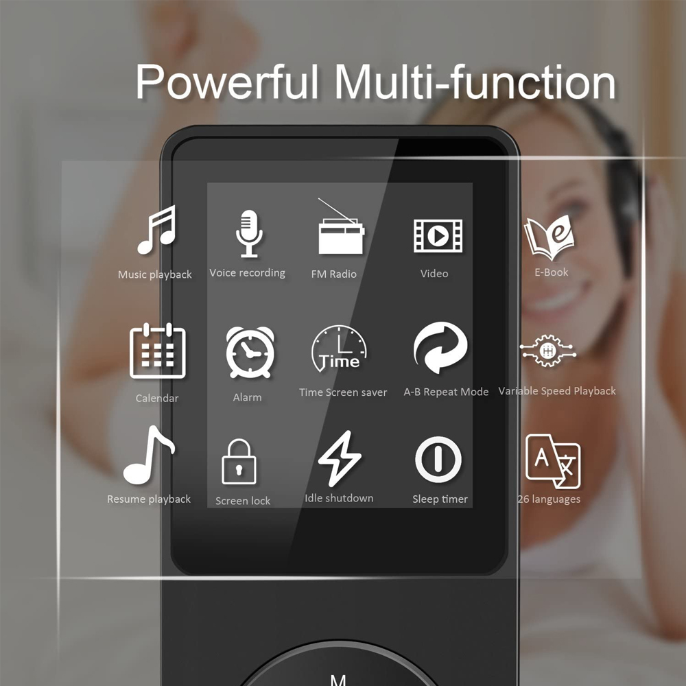Schwarzer MP3-Player mit Bildschirm und Symbolen, die Funktionen anzeigen. Text: Leistungsstark.