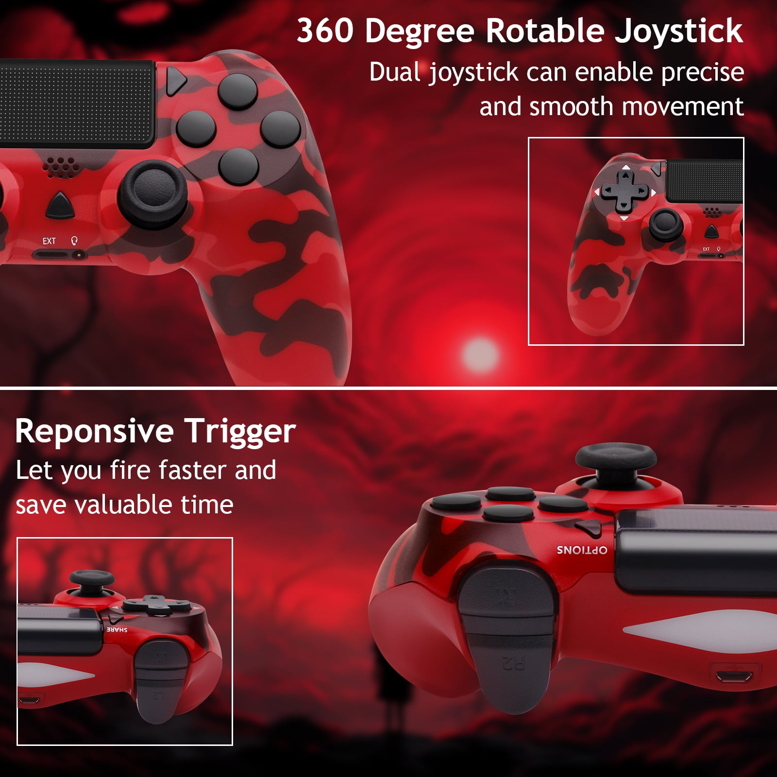 Ein rot-schwarzer Tarnmuster-Controller. Er hat Knöpfe und Joysticks, mit Textüberlagerungen.