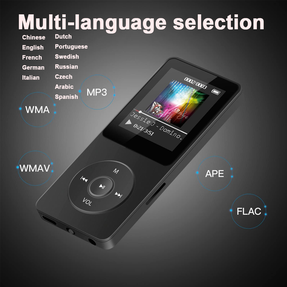 Schwarzer MP3-Player mit einem Bildschirm, der ein Lied und andere musikbezogene Symbole zeigt.