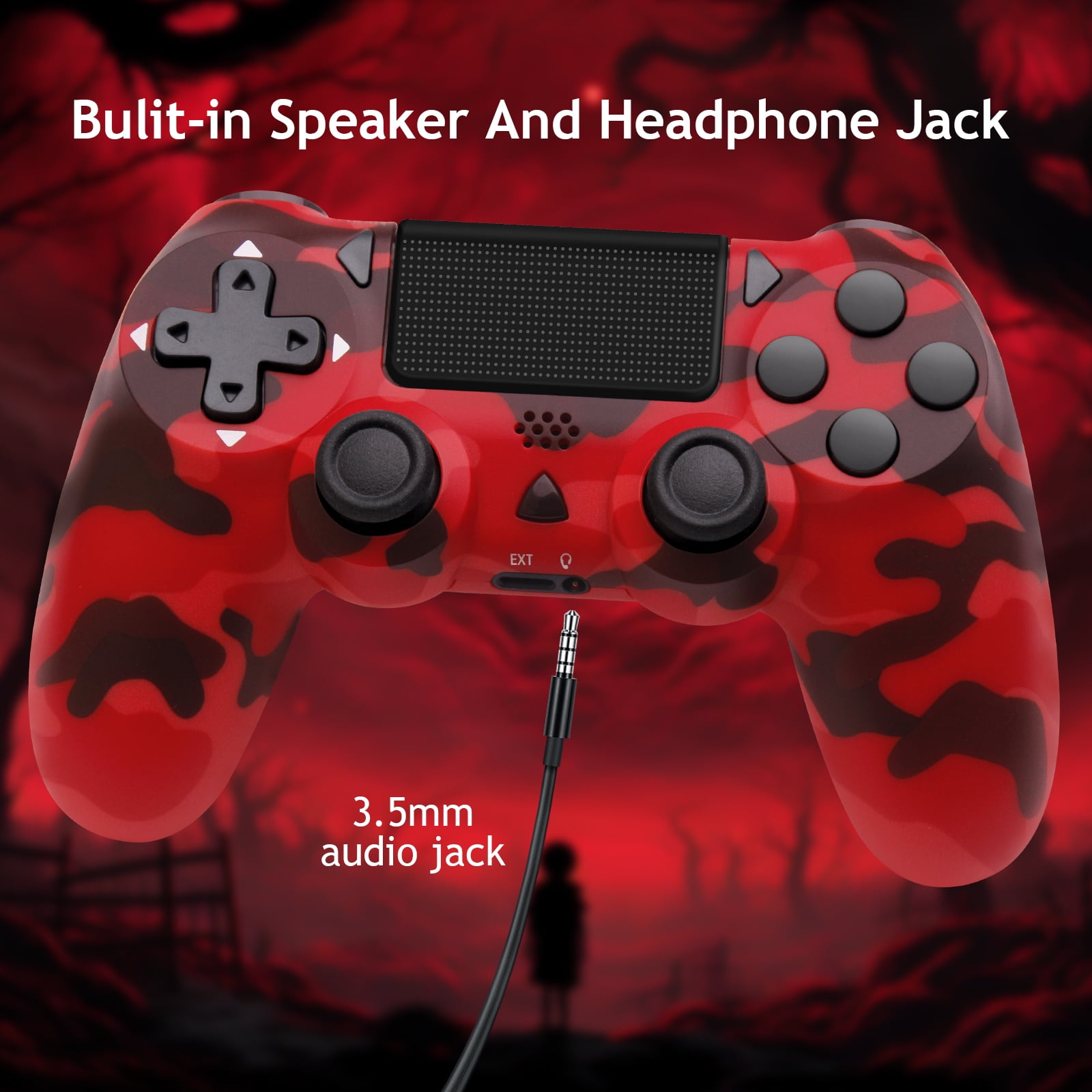 Roter und schwarzer Tarnmuster-Controller mit angeschlossenem 3,5-mm-Audioanschluss.