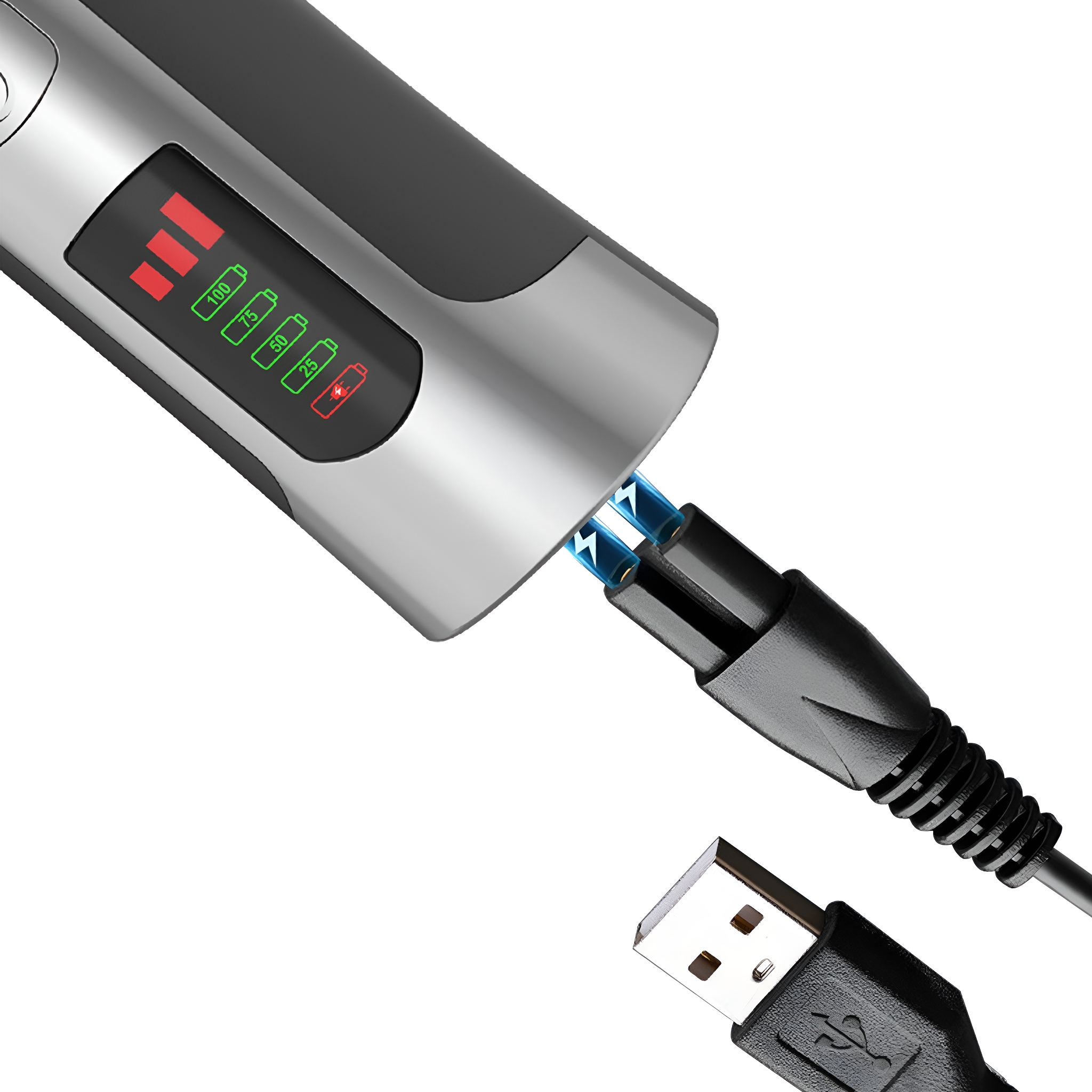Nahaufnahme eines Elektrorasierers beim Aufladen. Ein USB-Kabel ist angeschlossen.