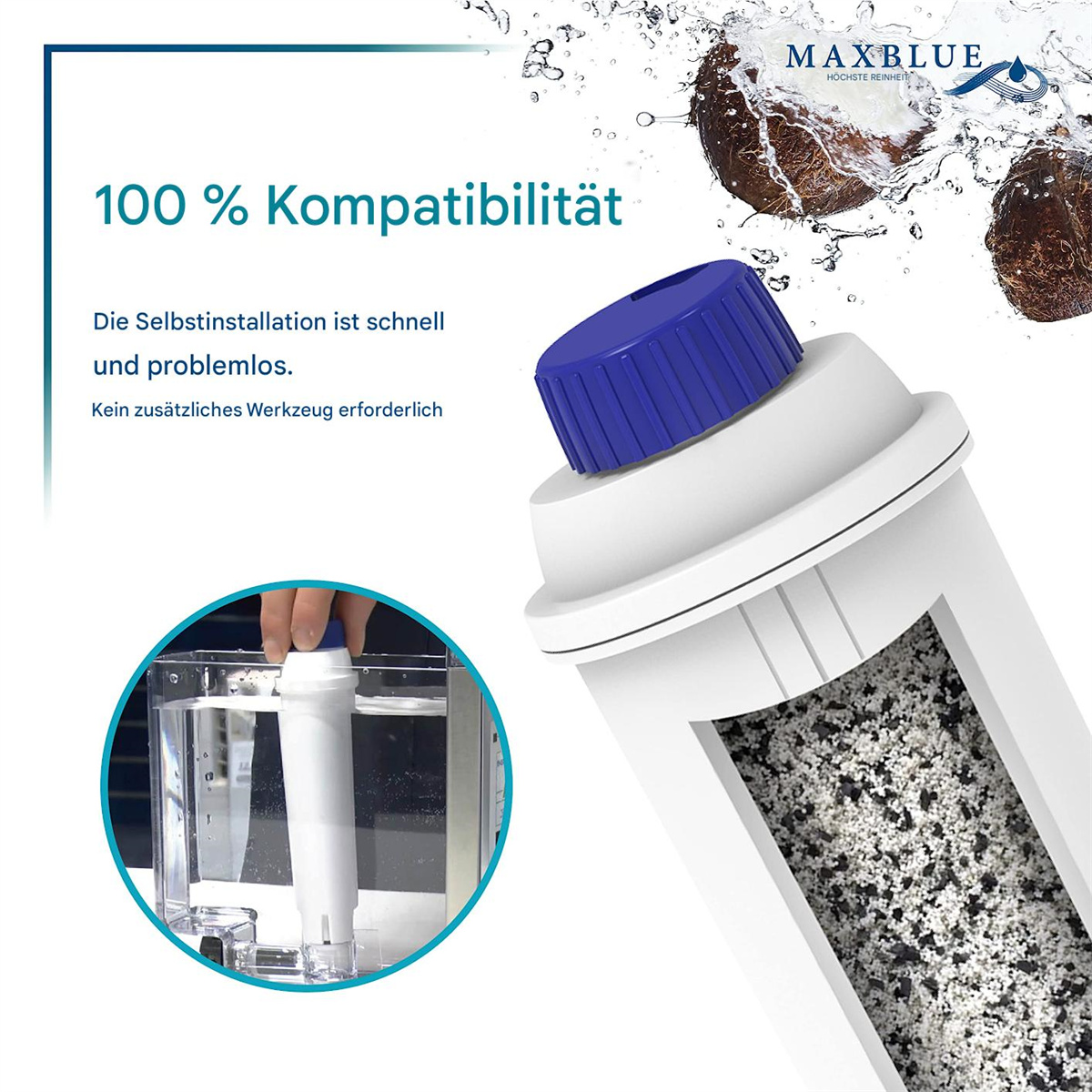 Wasserfilter mit blauem Deckel und weißen Filterteilen. Hintergrund zeigt Wasser und Kokosnüsse.