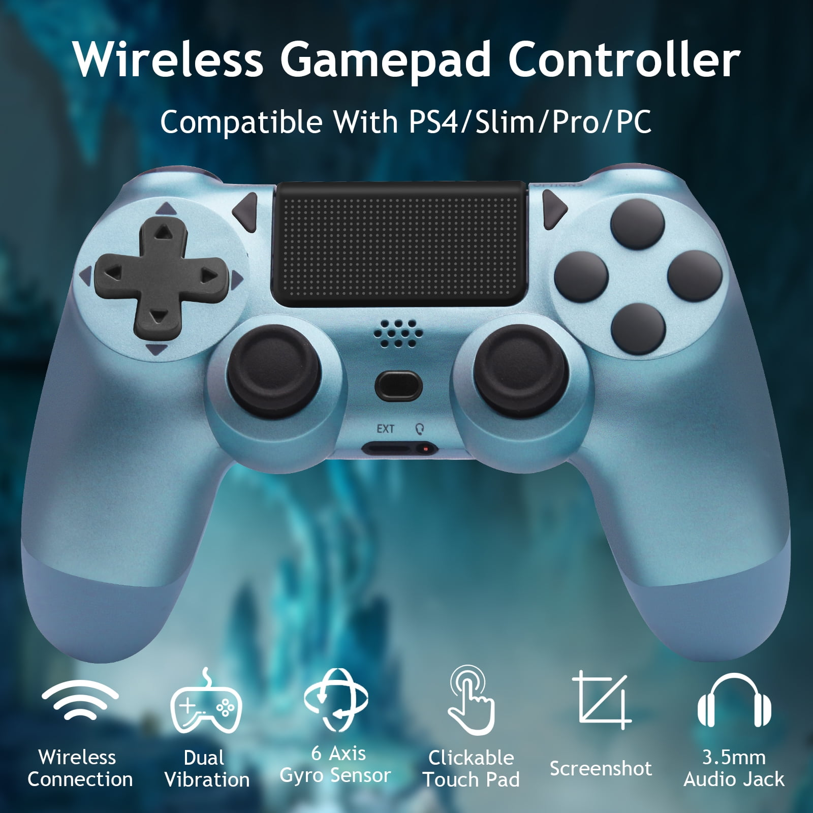 Ein blauer drahtloser Gamepad-Controller mit Symbolen auf dunklem Hintergrund.