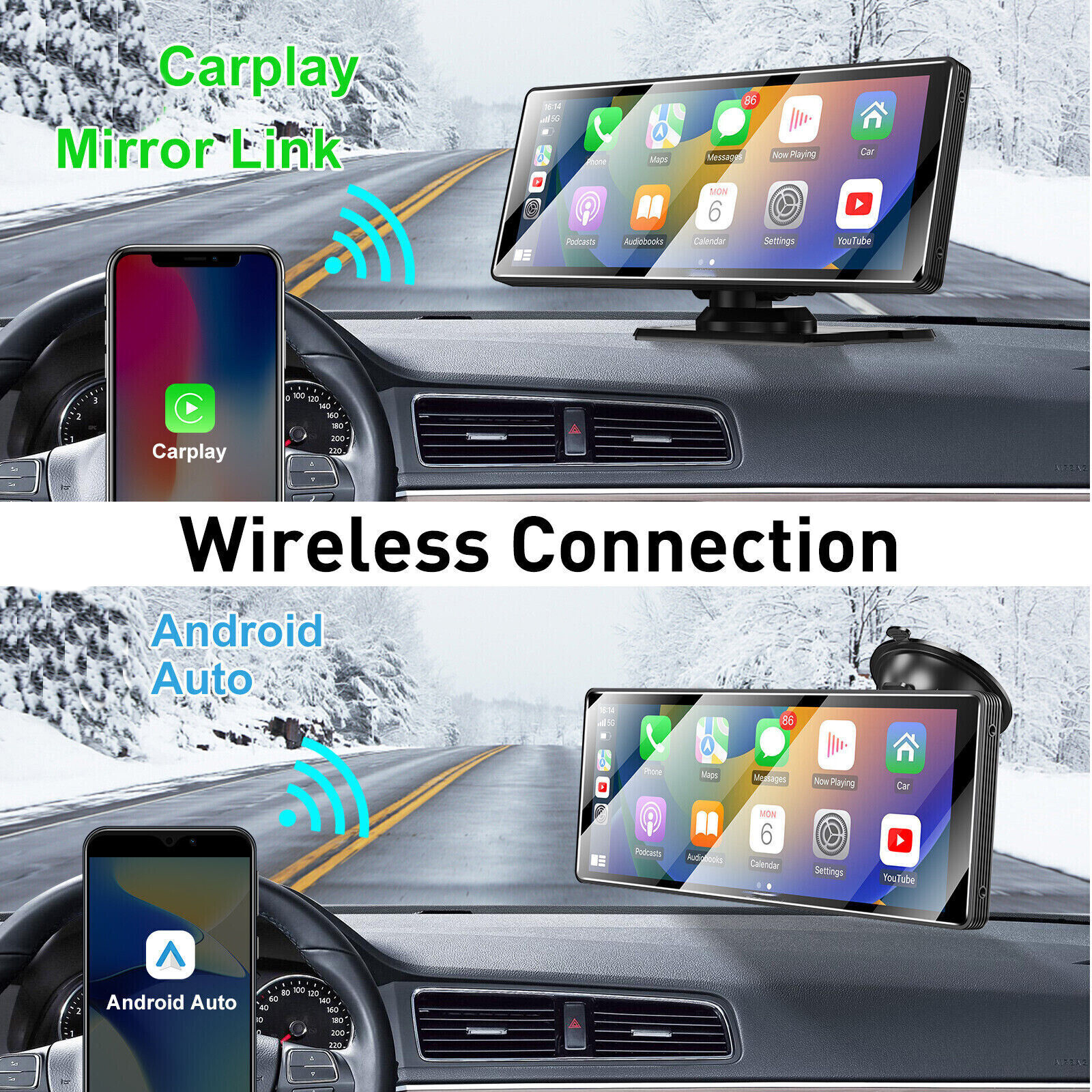 Zwei Bilder von Auto-Displays, die CarPlay/MirrorLink und Android Auto Funktionen in einer verschneiten Umgebung zeigen.