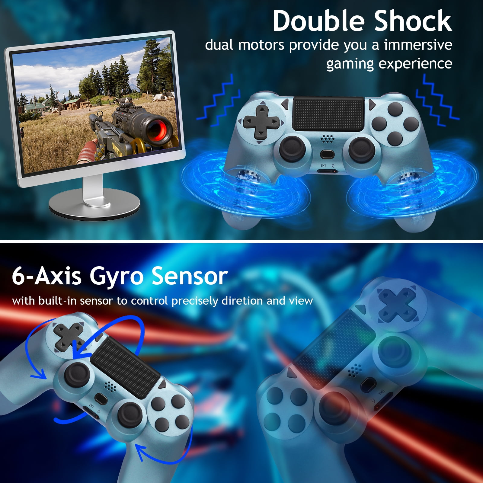 Gaming-Controller mit einem Bildschirm, der ein Spiel zeigt. Die Controller haben blaue Lichter.