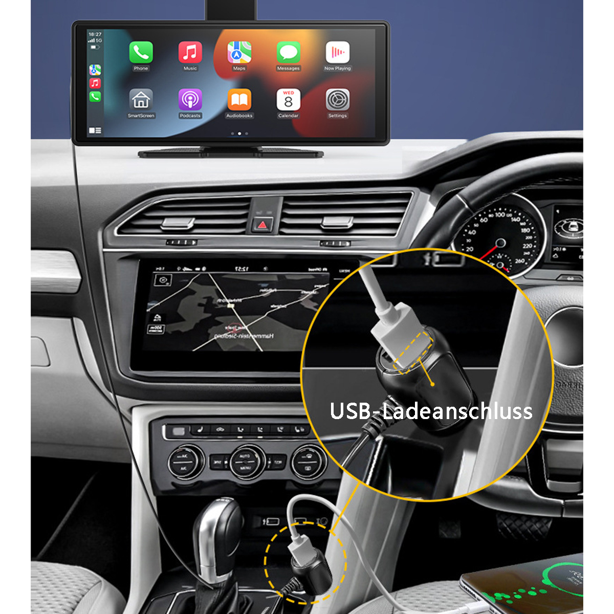 Armaturenbrett eines Autos mit Display und USB-Ladegerät. Zeigt einen Telefonbildschirm und eine Navigationskarte.