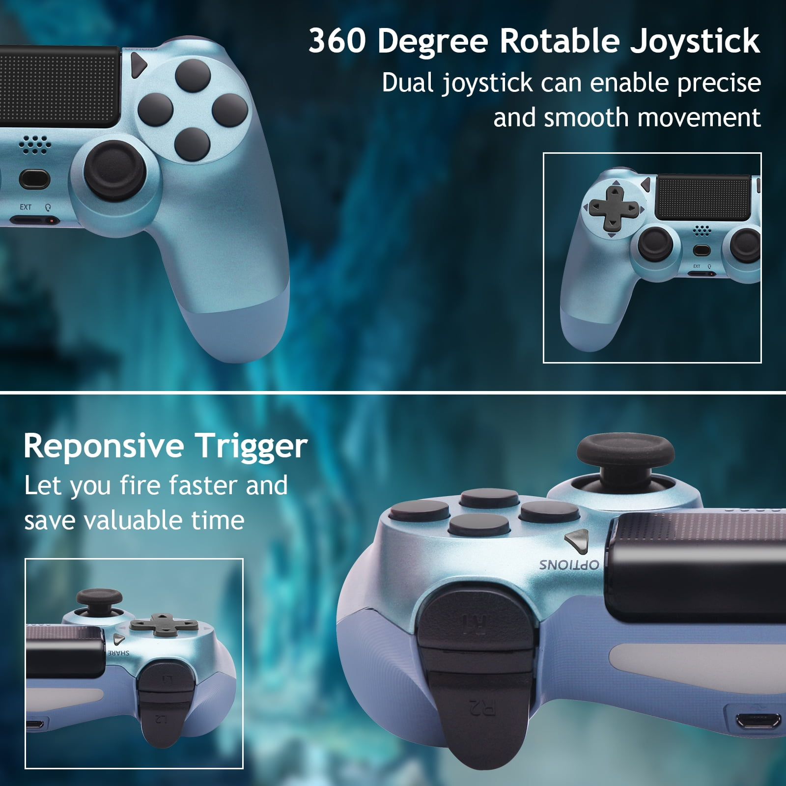Blau-schwarzer Gamecontroller mit Joystick- und Tasten-Details, Nahaufnahmen.